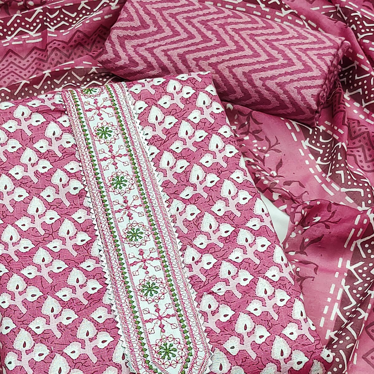 Pink Floral Printed With Embroidered Pure Cotton Dress Material - Image 2