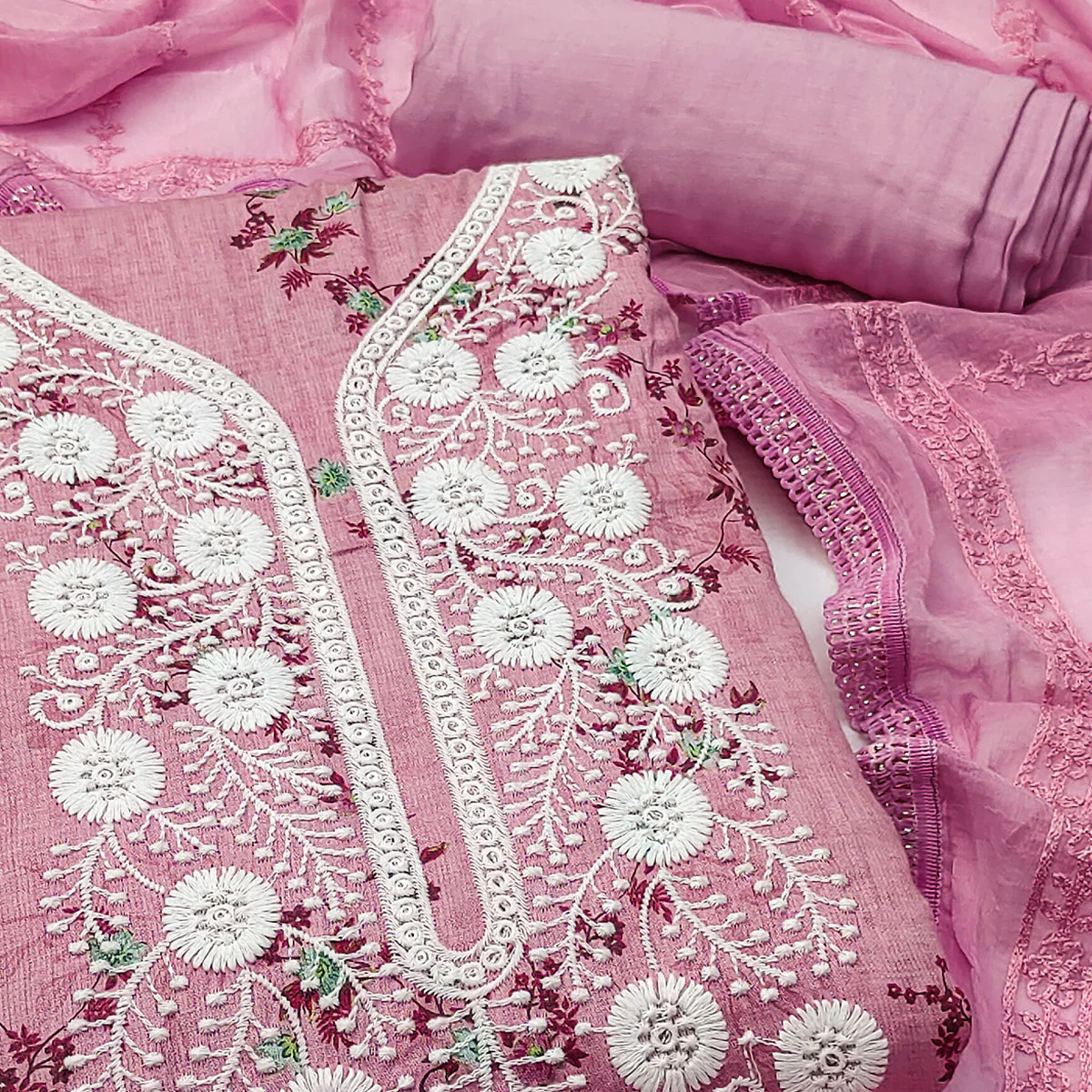 Pink Floral Printed With Embroidery Pure Cotton Dress Material - Image 2