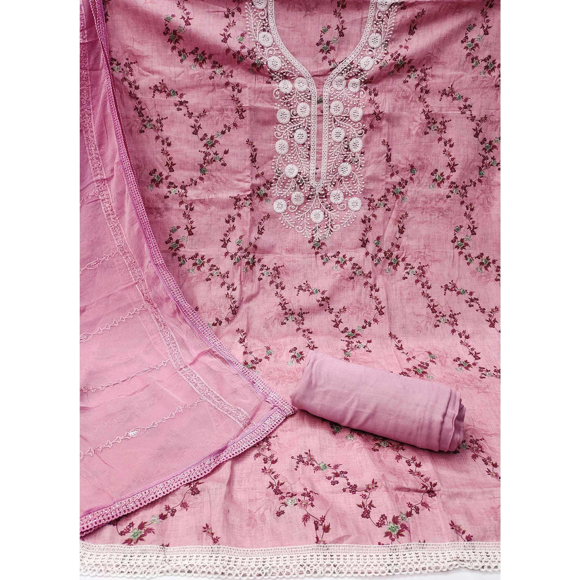 Pink Floral Printed With Embroidery Pure Cotton Dress Material - Image 3