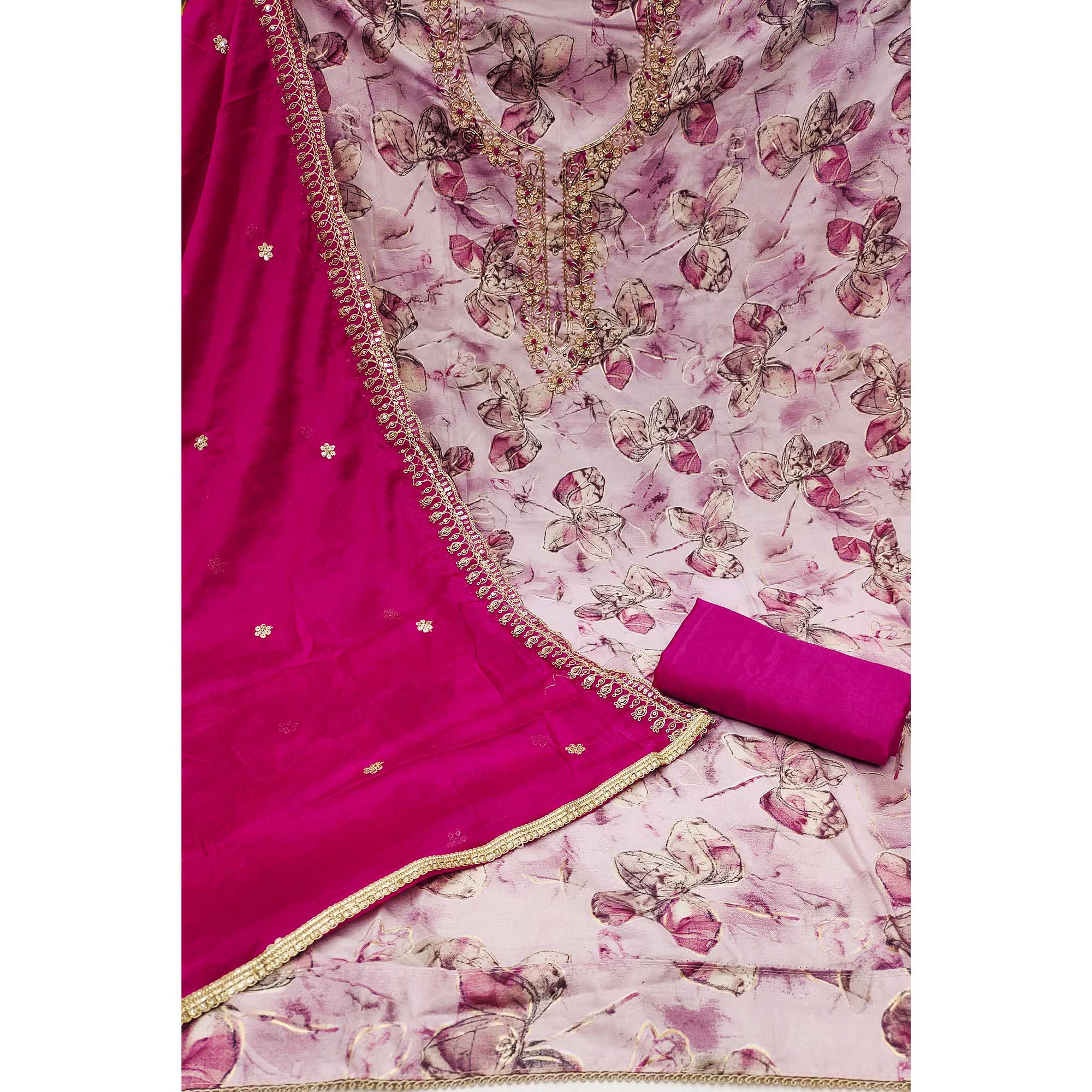 3Pink Floral Printed With Handwork Pure Cotton Dress Material - Image 4