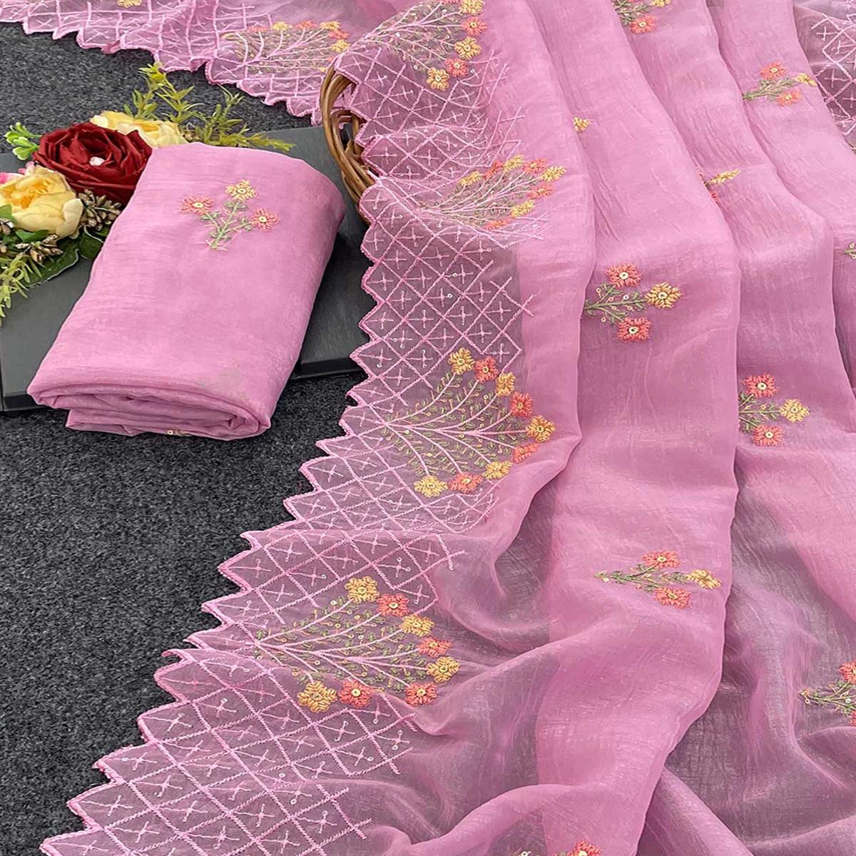 Pink Floral Sequins Embroidered Art Silk Crush Saree - Image 2
