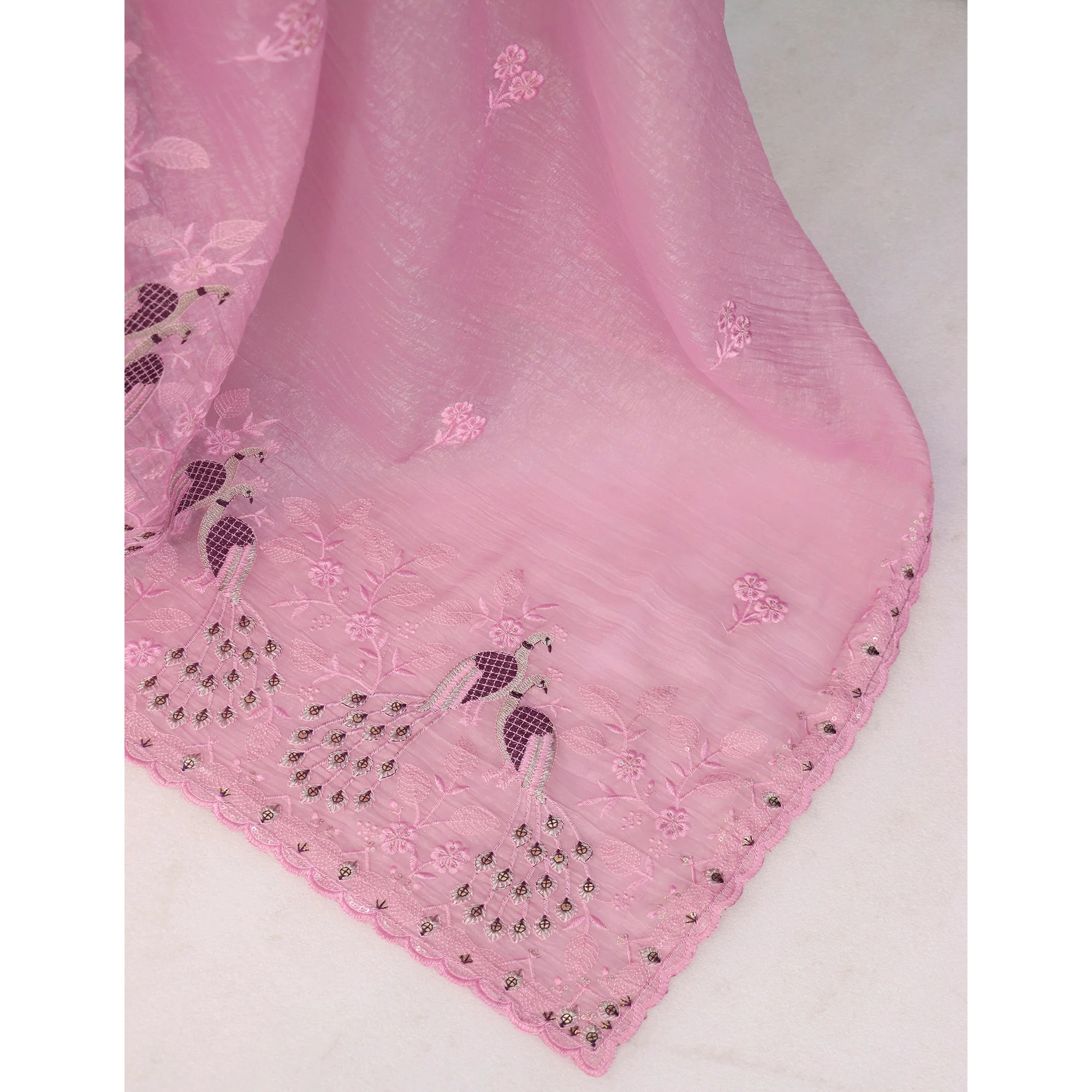 Pink Floral Sequins Embroidered Art Silk Crush Saree - Image 5