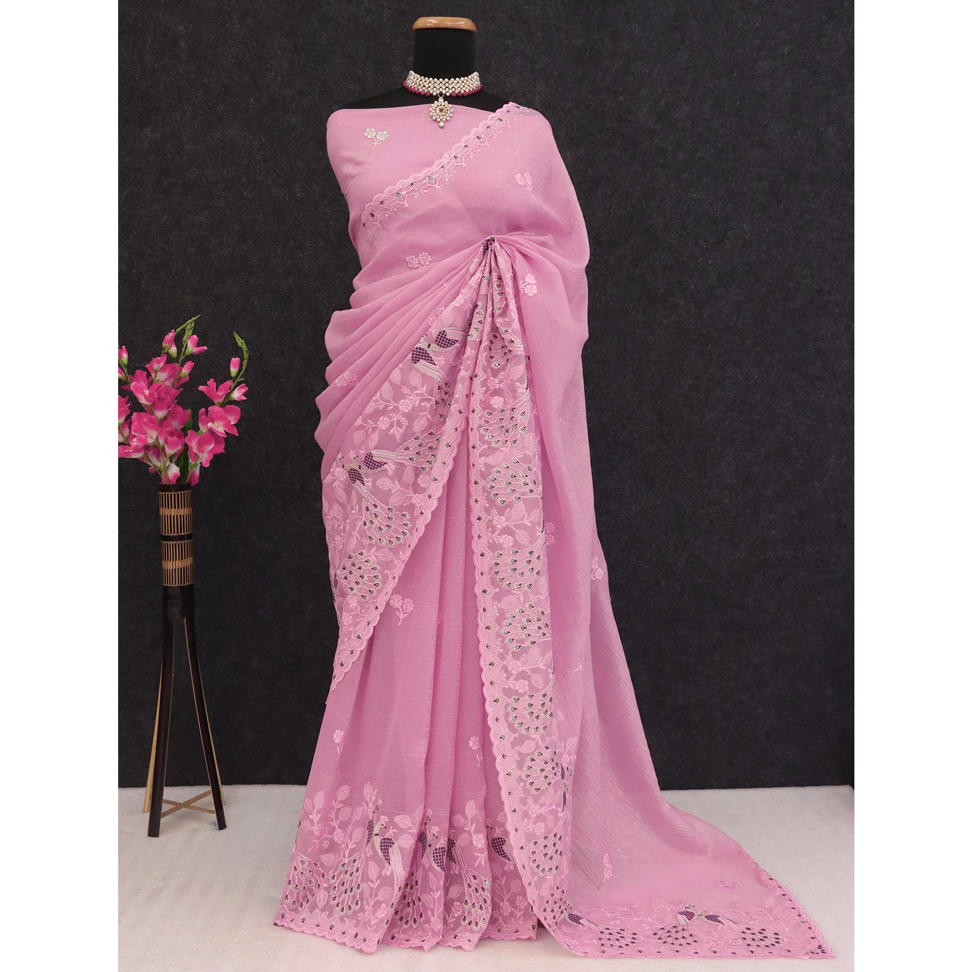 Pink Floral Sequins Embroidered Art Silk Crush Saree - Image 6