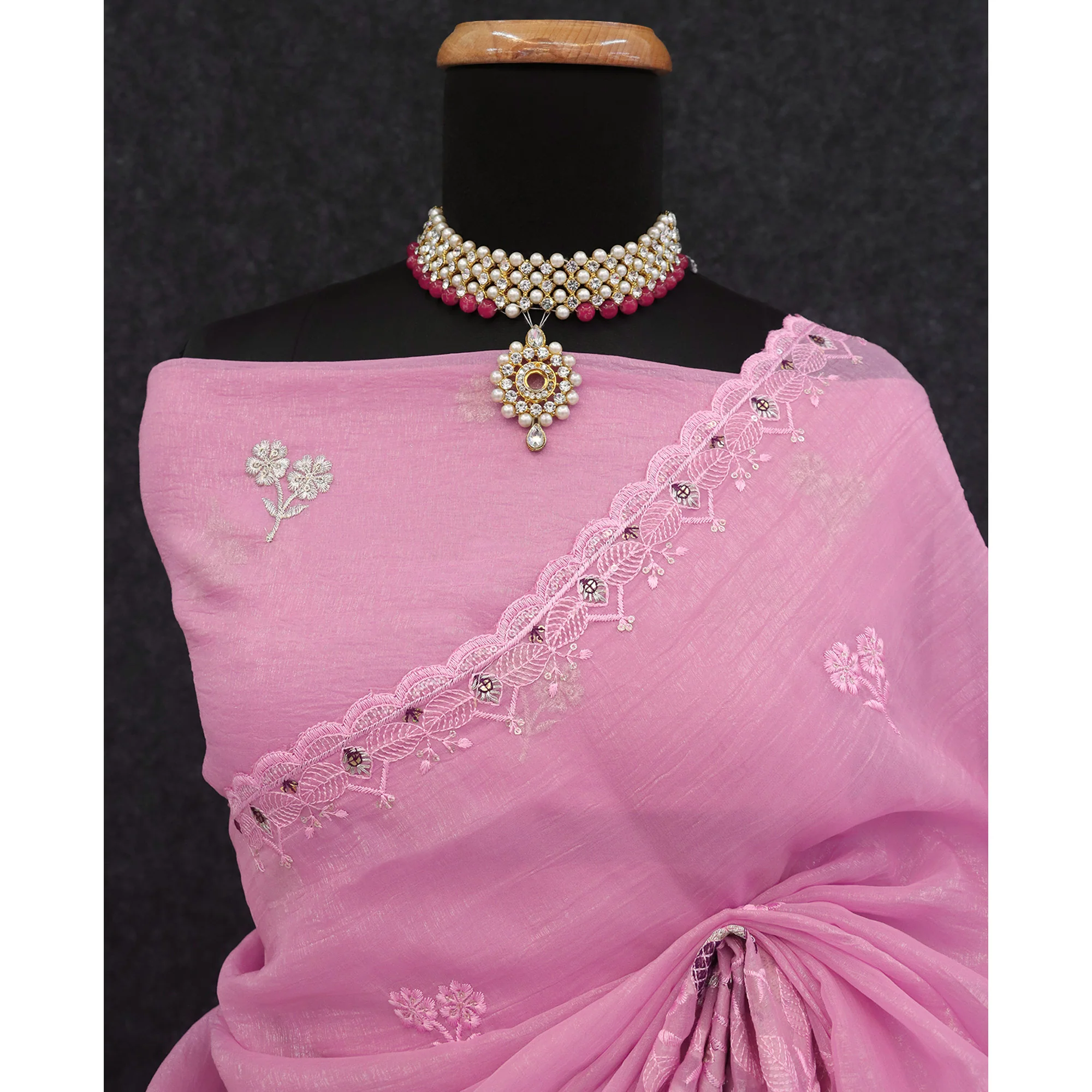 Pink Floral Sequins Embroidered Art Silk Crush Saree - Image 7