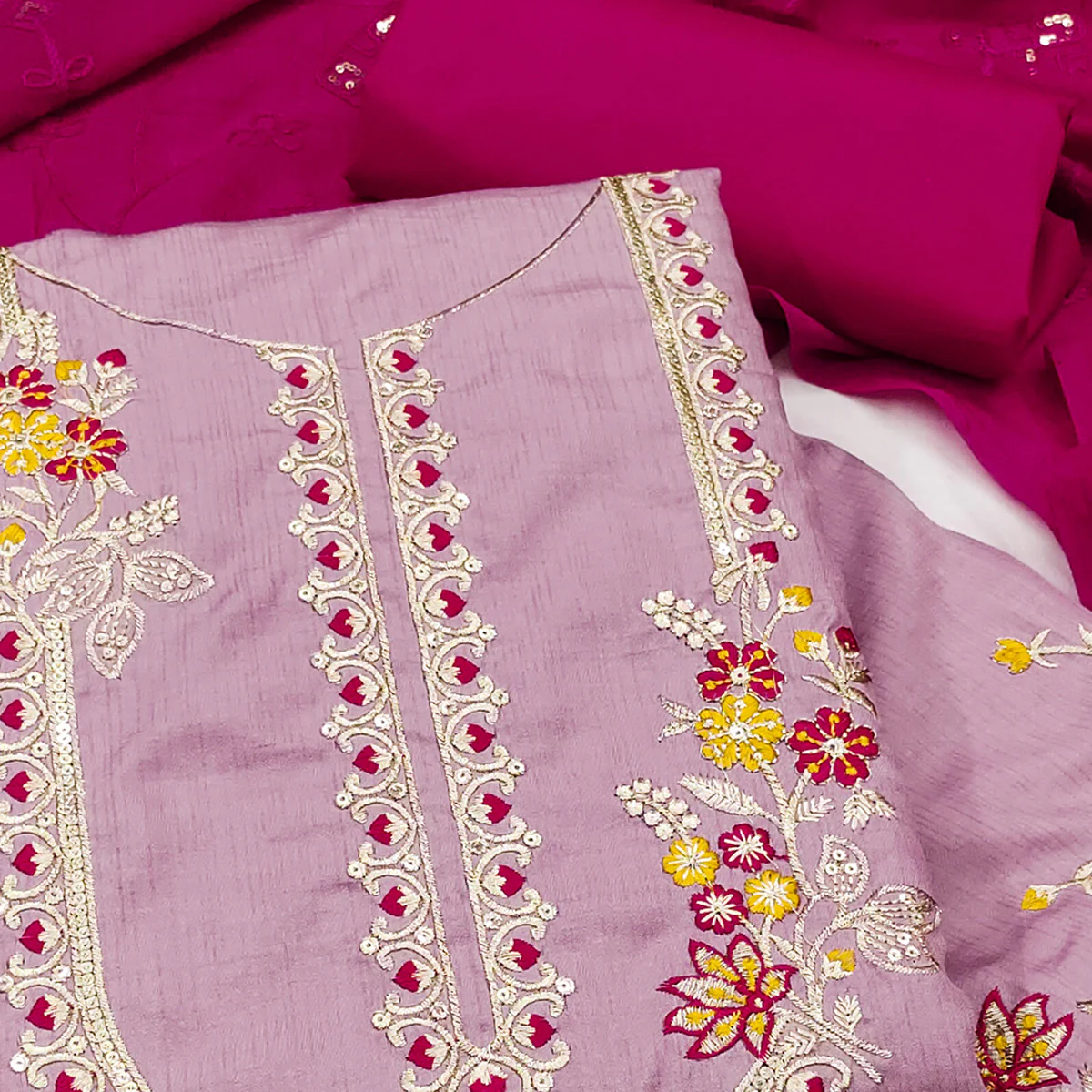 Pink Floral Sequins Embroidered Art Silk Dress Material - Image 2