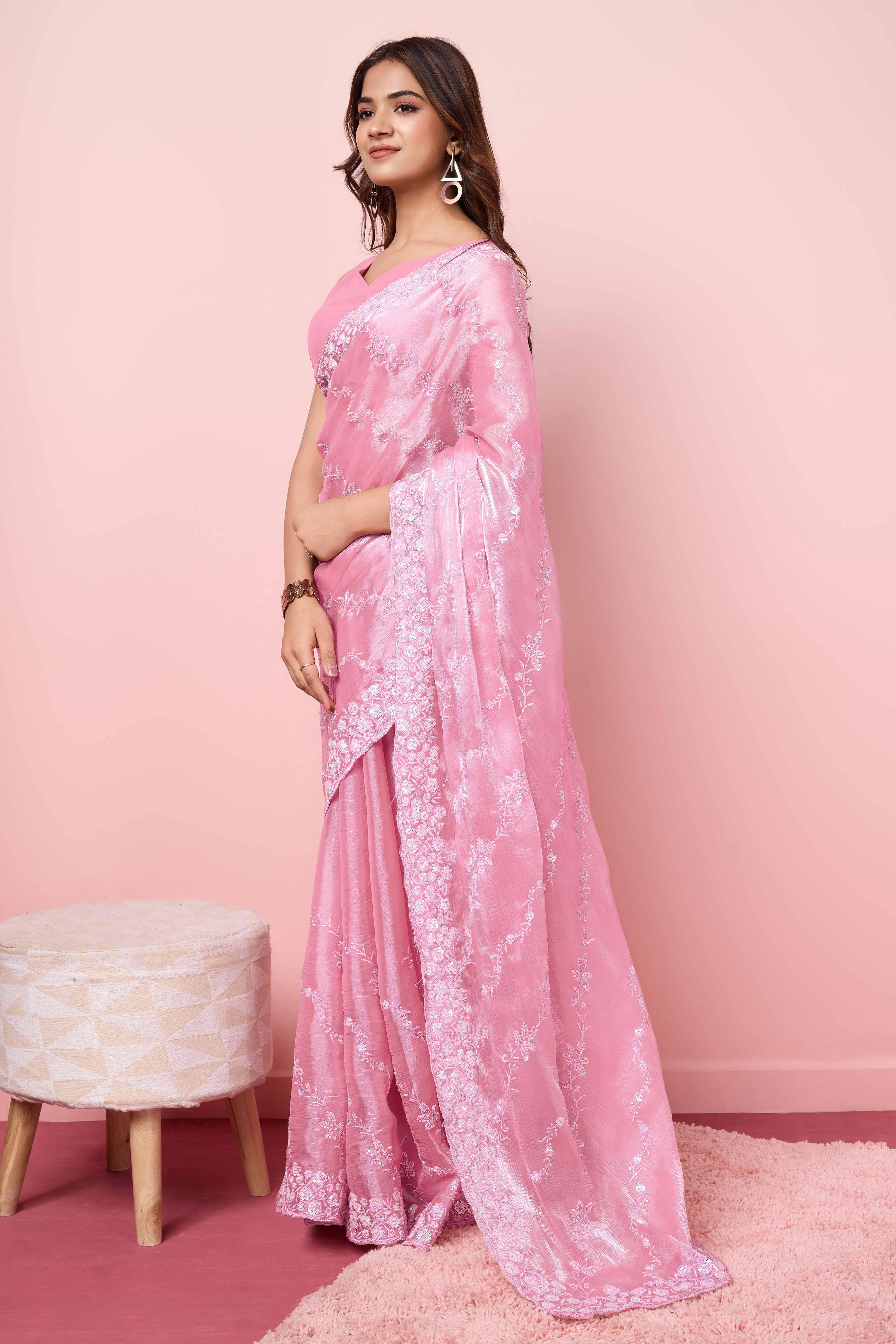 Pink Floral Sequins Embroidered Burberry Silk Saree - Image 3