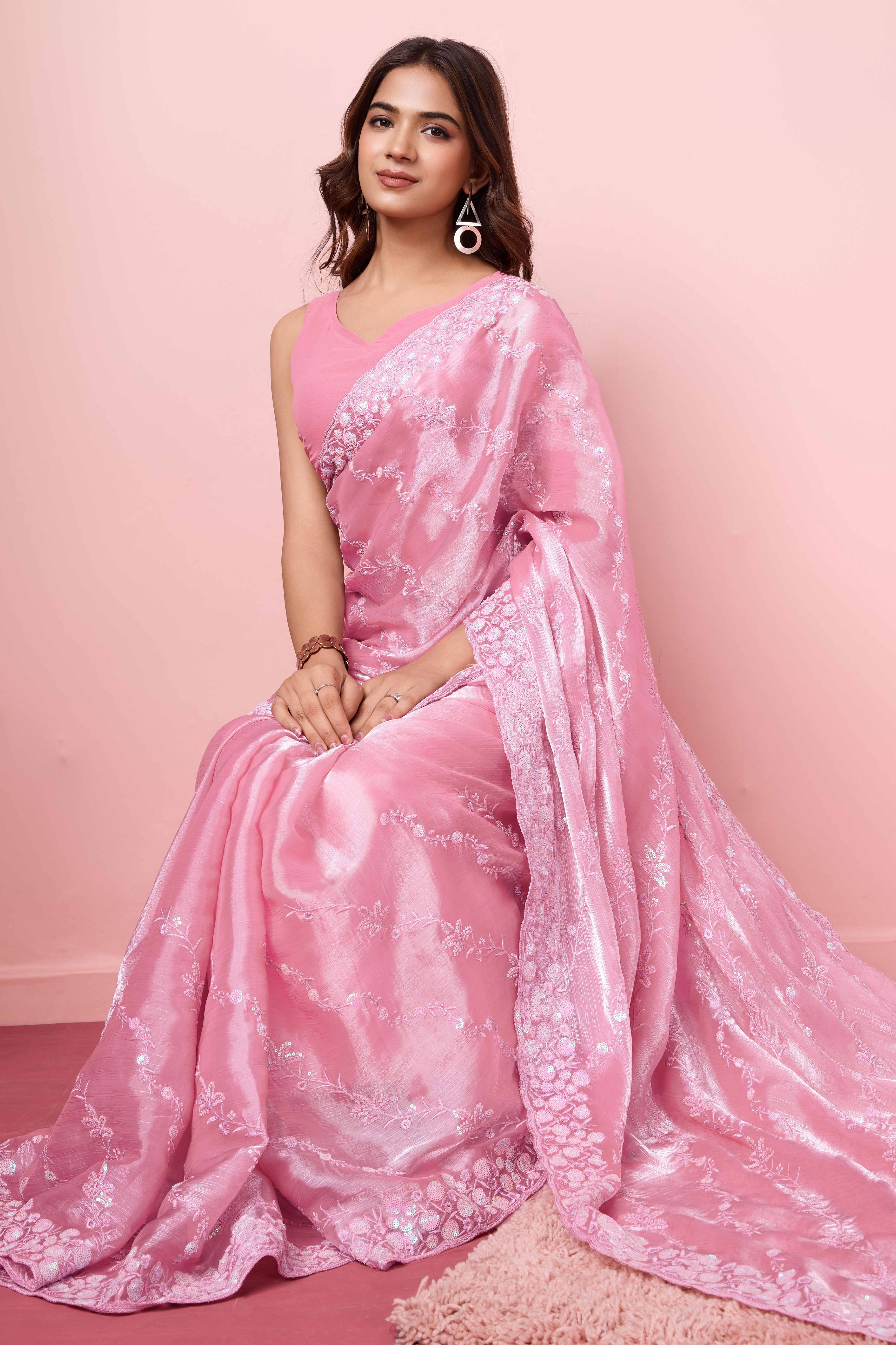 Pink Floral Sequins Embroidered Burberry Silk Saree - Image 5