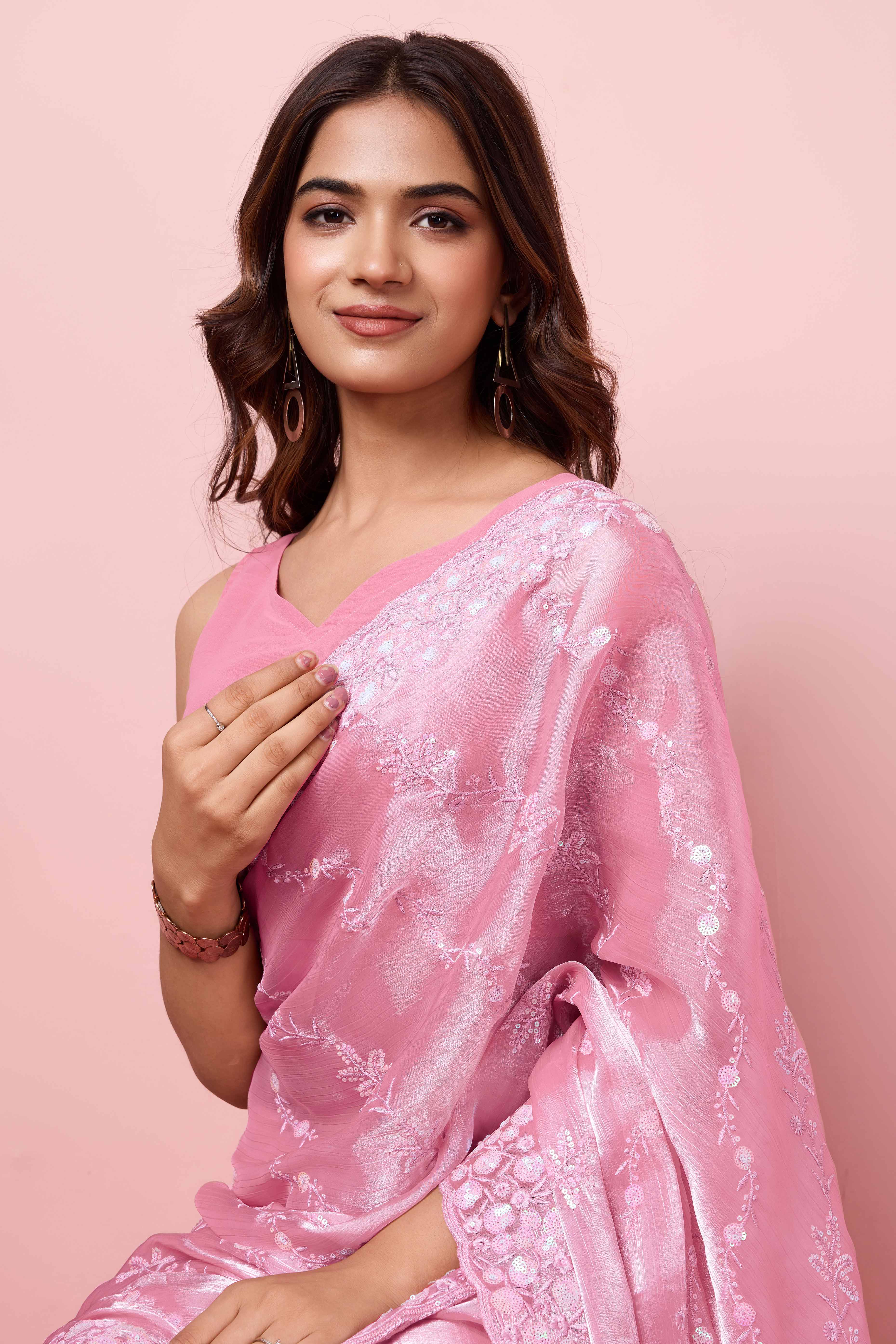 Pink Floral Sequins Embroidered Burberry Silk Saree - Image 6