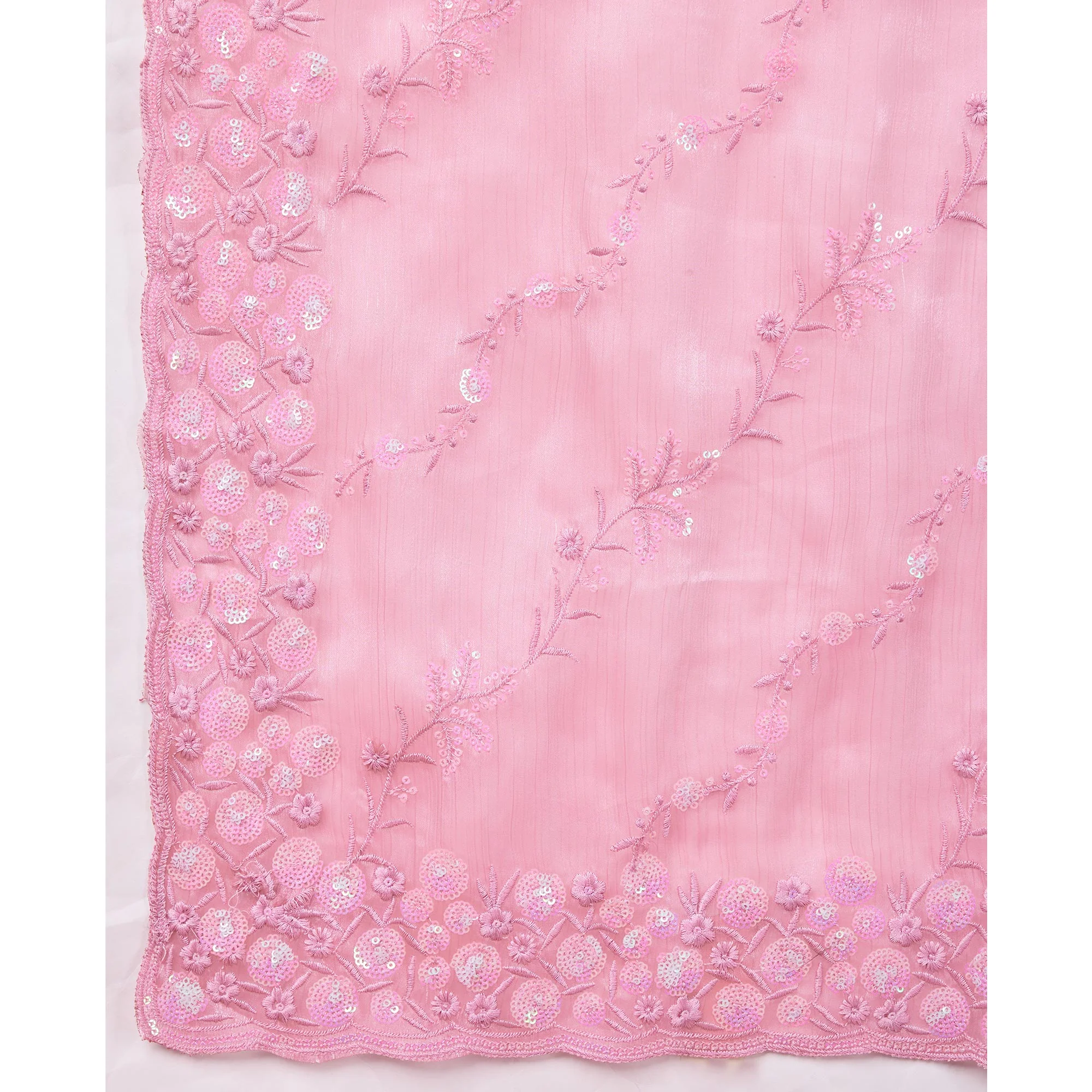 Pink Floral Sequins Embroidered Burberry Silk Saree - Image 8