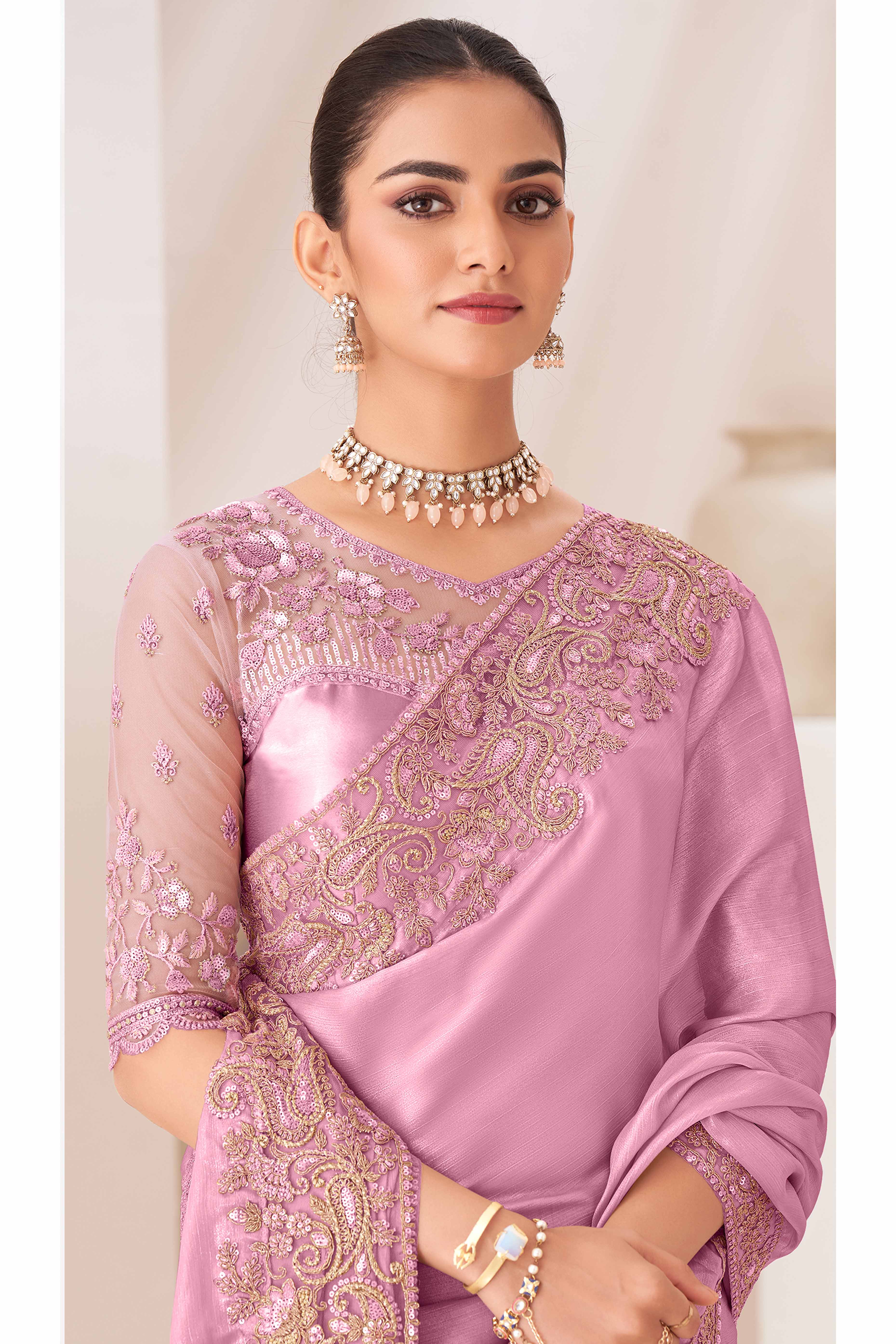 Pink Floral Sequins Embroidered Chiffon Saree - Image 3