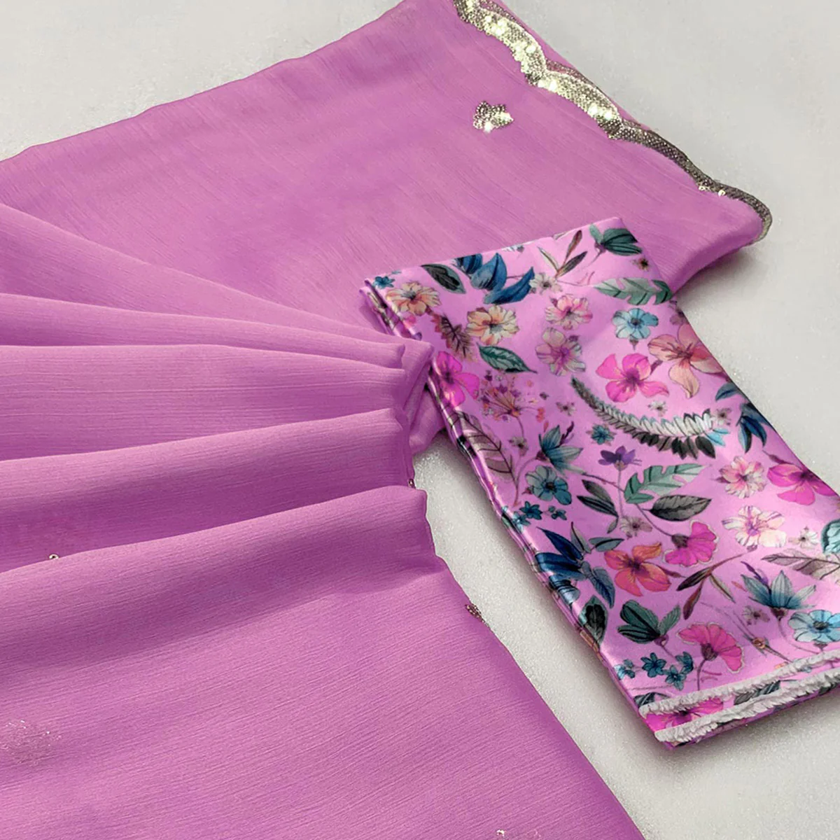 Pink Floral Sequins Embroidered Chiffon Saree - Image 2