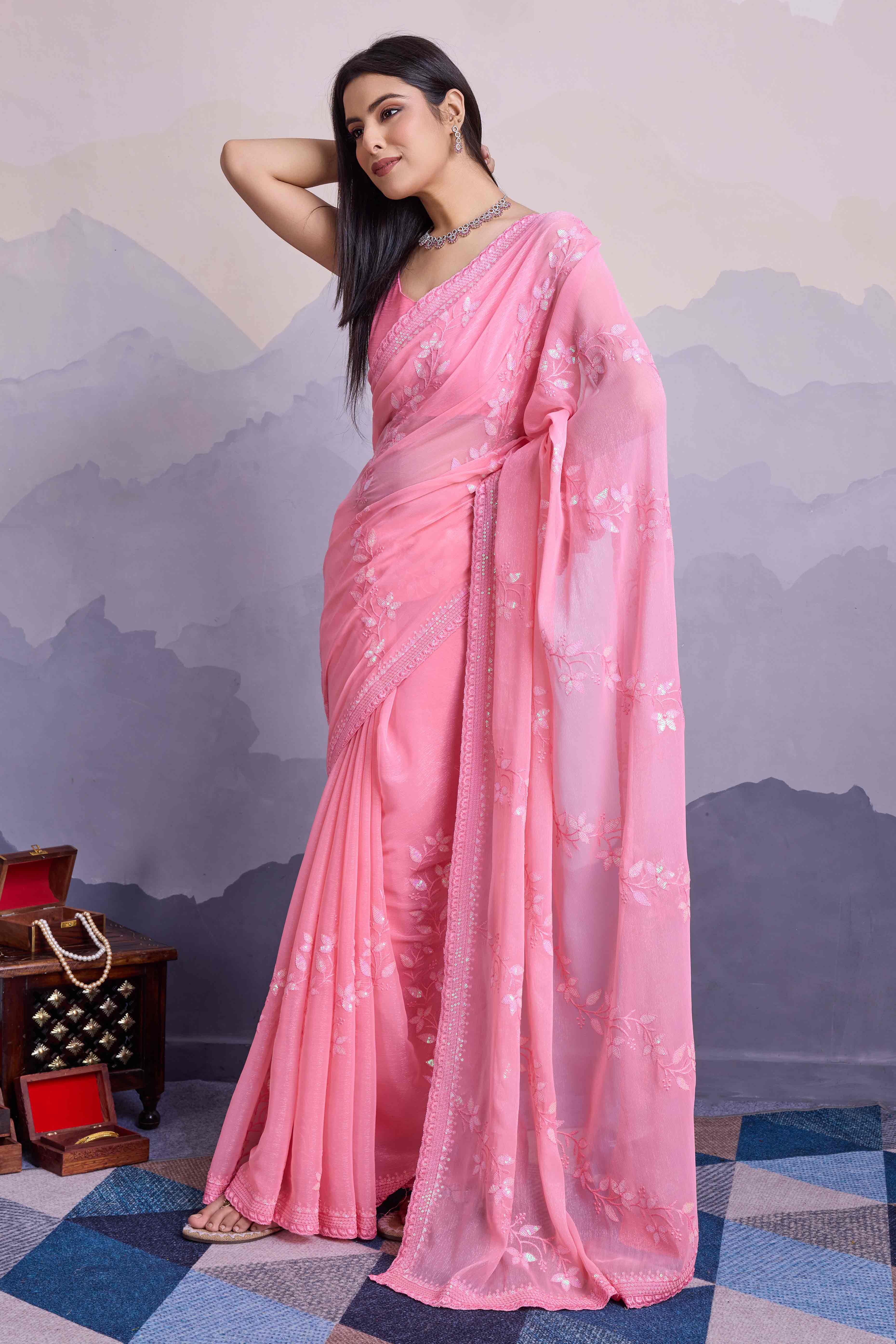 Pink Floral Sequins Embroidered Chiffon Saree - Image 3