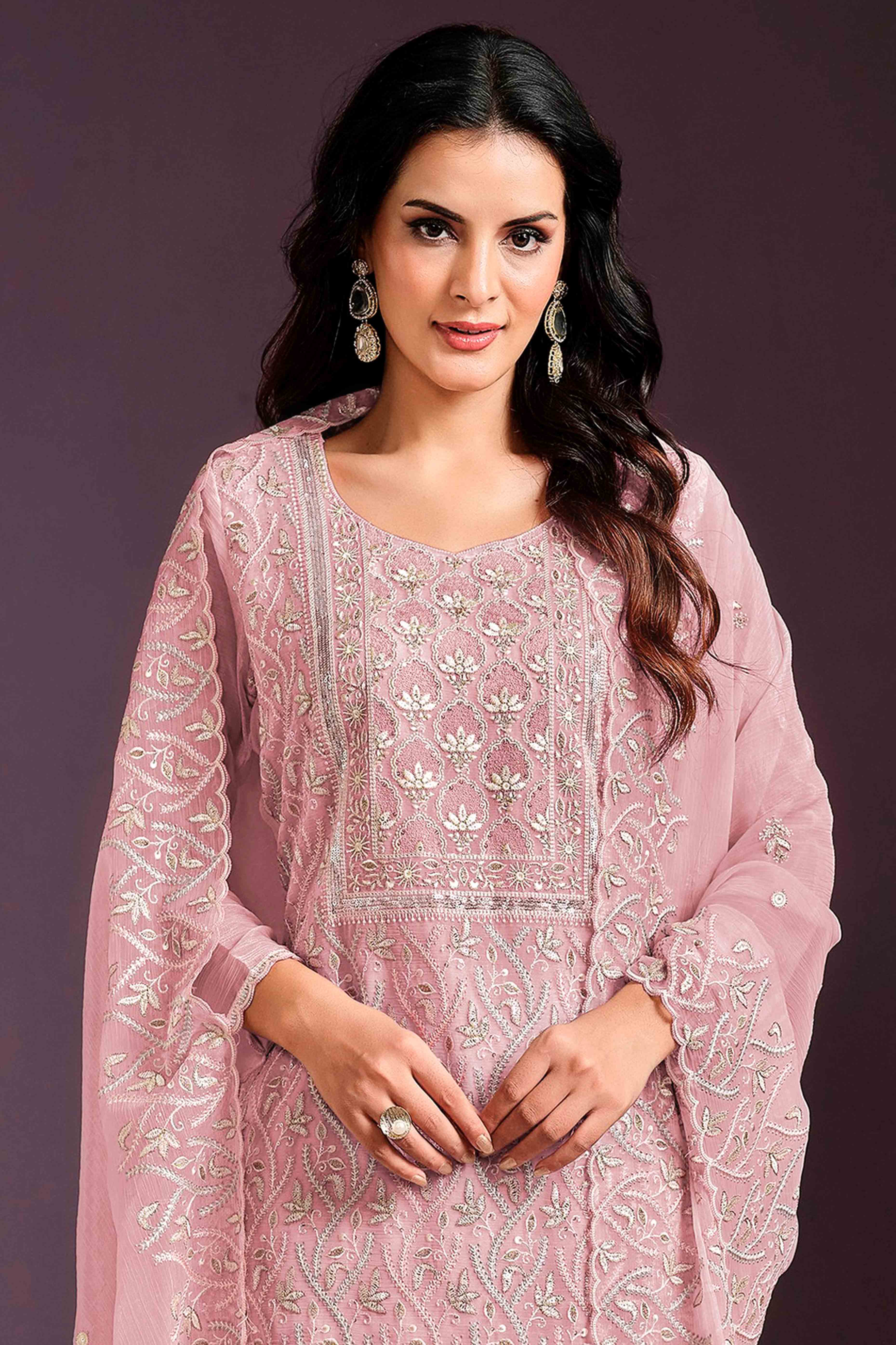Pink Floral Sequins Embroidered Chinon Semi Stitched Suit - Image 3