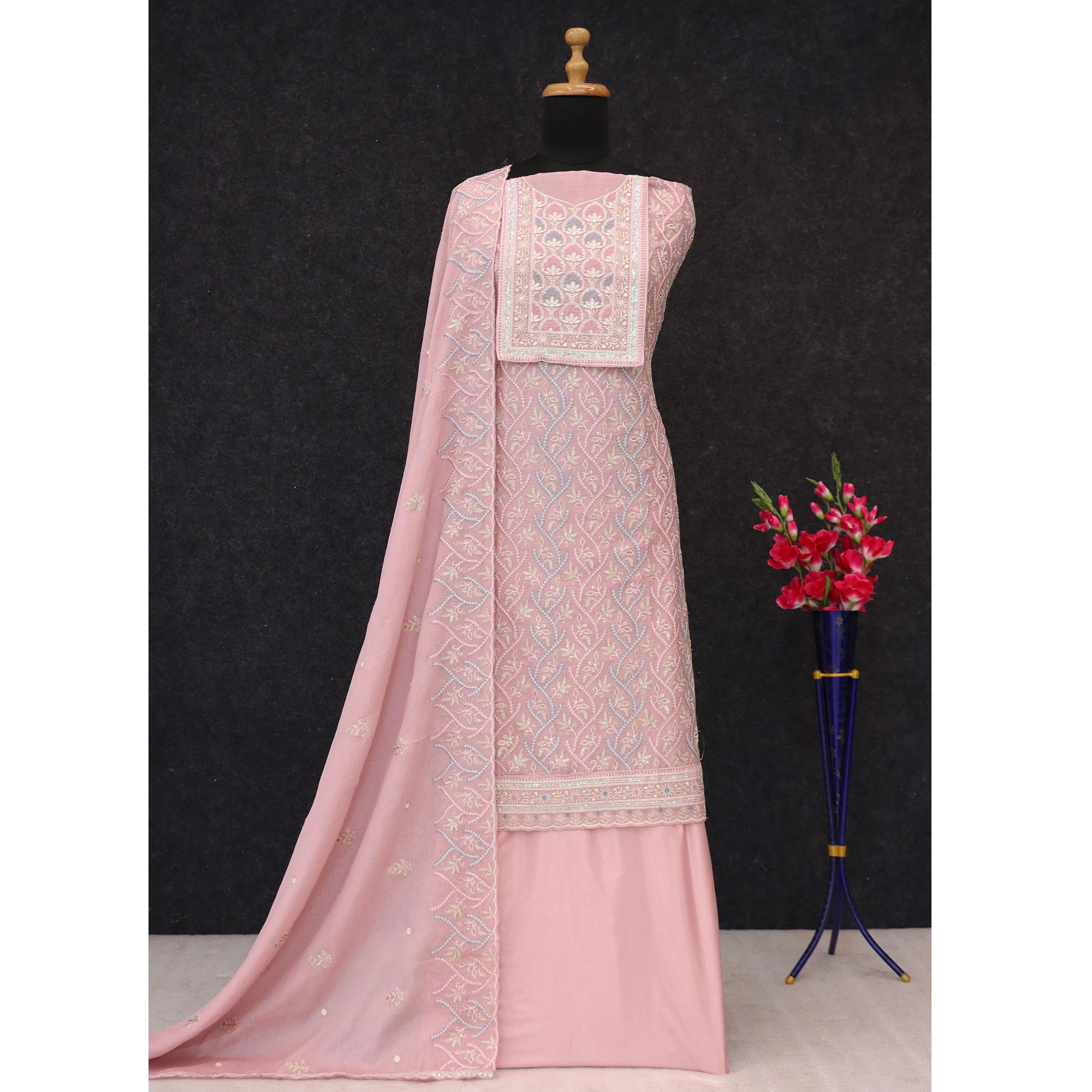 Pink Floral Sequins Embroidered Chinon Semi Stitched Suit - Image 4