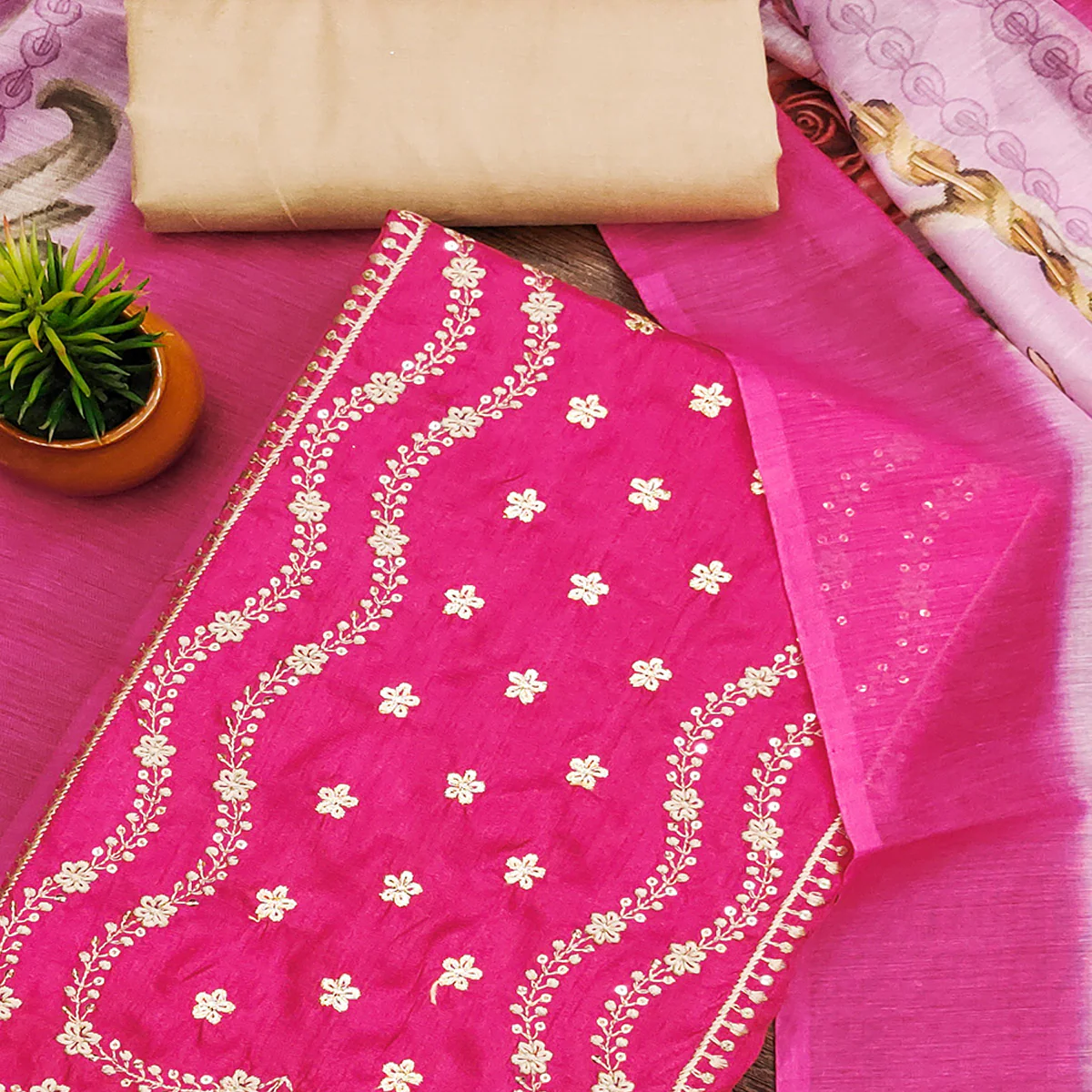 Pink Floral Sequins Embroidered Cotton Blend Dress Material - Image 2