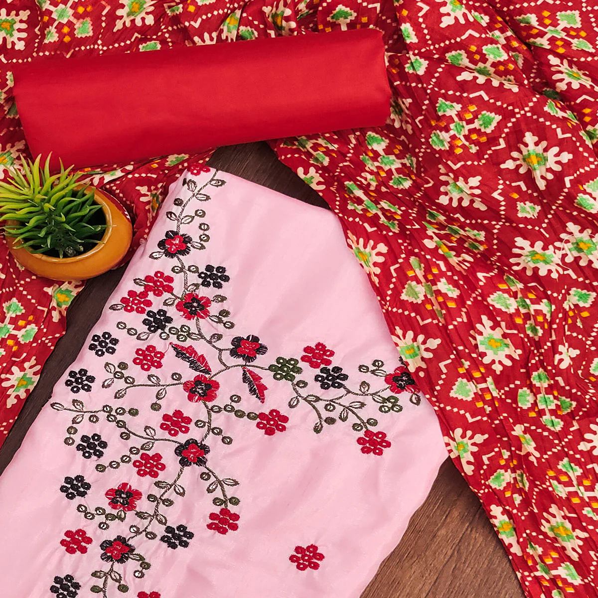 Pink Floral Sequins Embroidered Cotton Silk Dress Material - Image 2