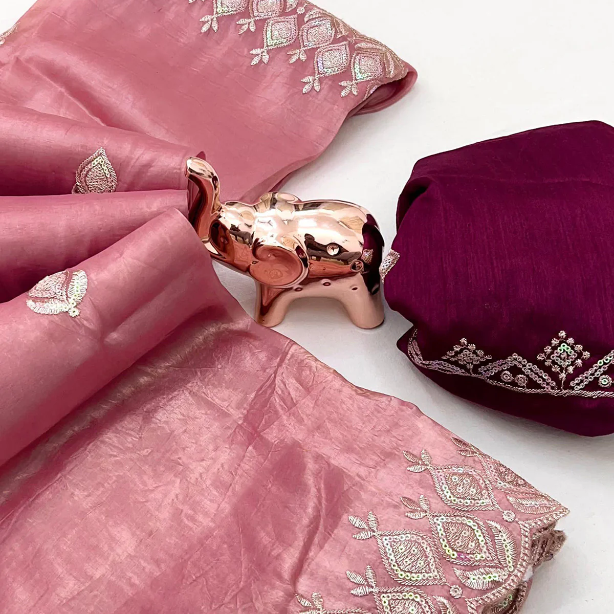 Pink Floral Sequins Embroidered Fancy Fabrics Crush Saree - Image 2