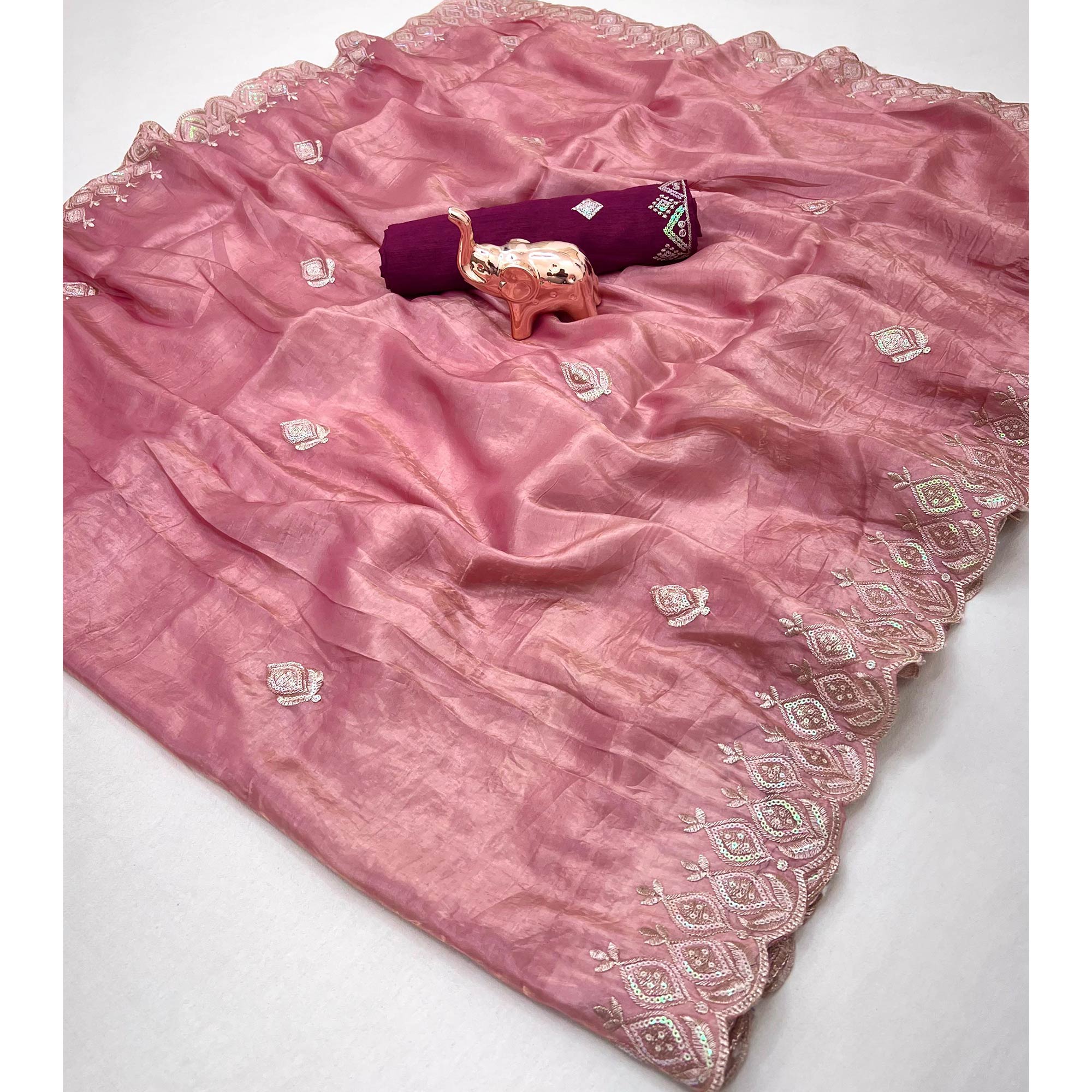 Pink Floral Sequins Embroidered Fancy Fabrics Crush Saree - Image 3