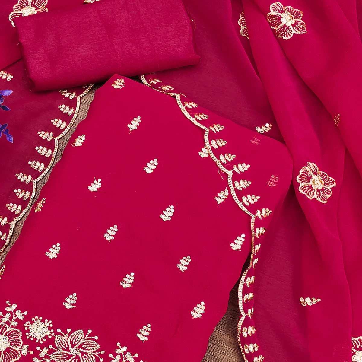 Pink Floral Sequins Embroidered Georgette Dress Material - Image 2