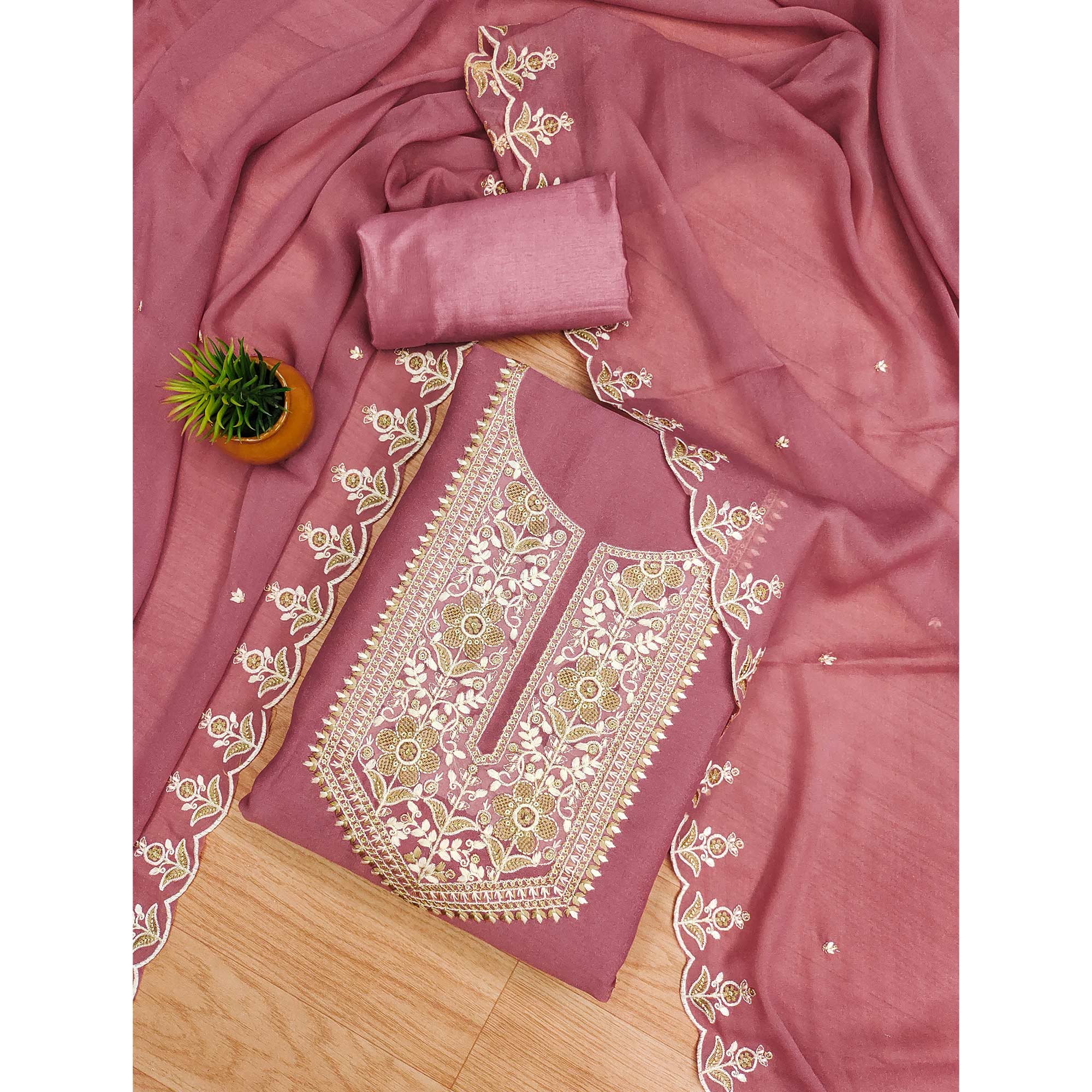Pink Floral Sequins Embroidered Georgette Dress Material - Image 3