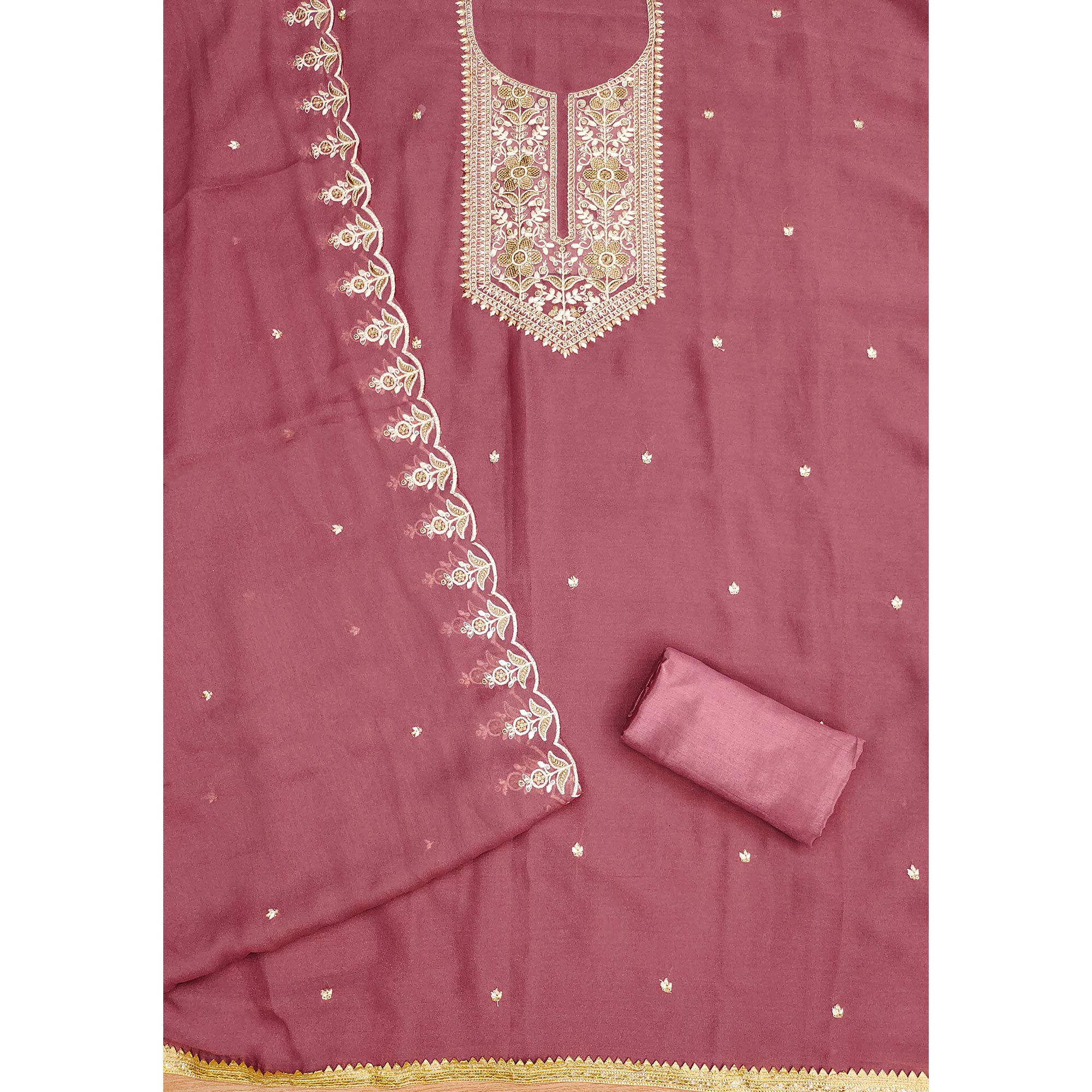 Pink Floral Sequins Embroidered Georgette Dress Material - Image 4