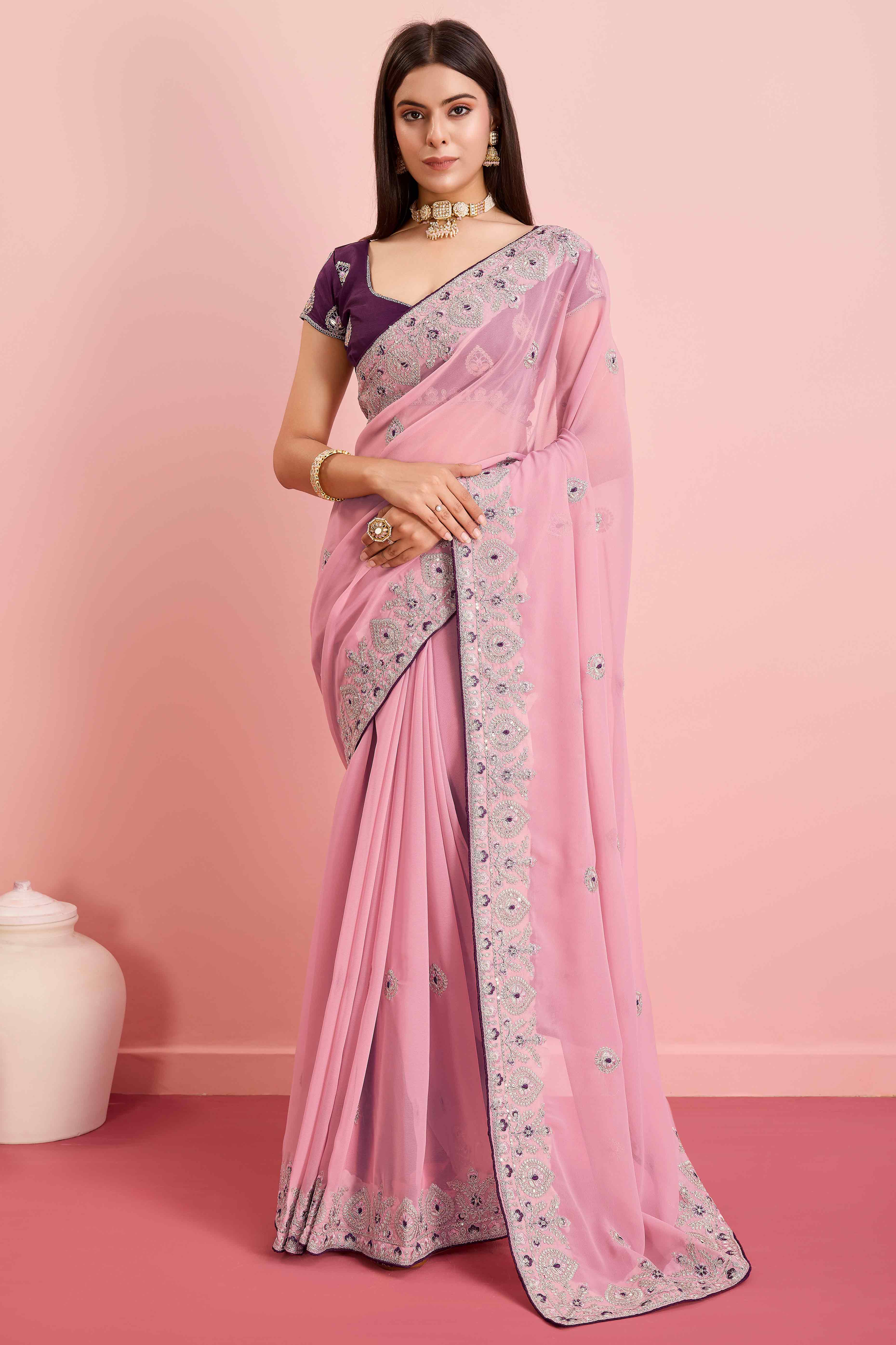 Pink Floral Sequins Embroidered Georgette Saree - Image 3