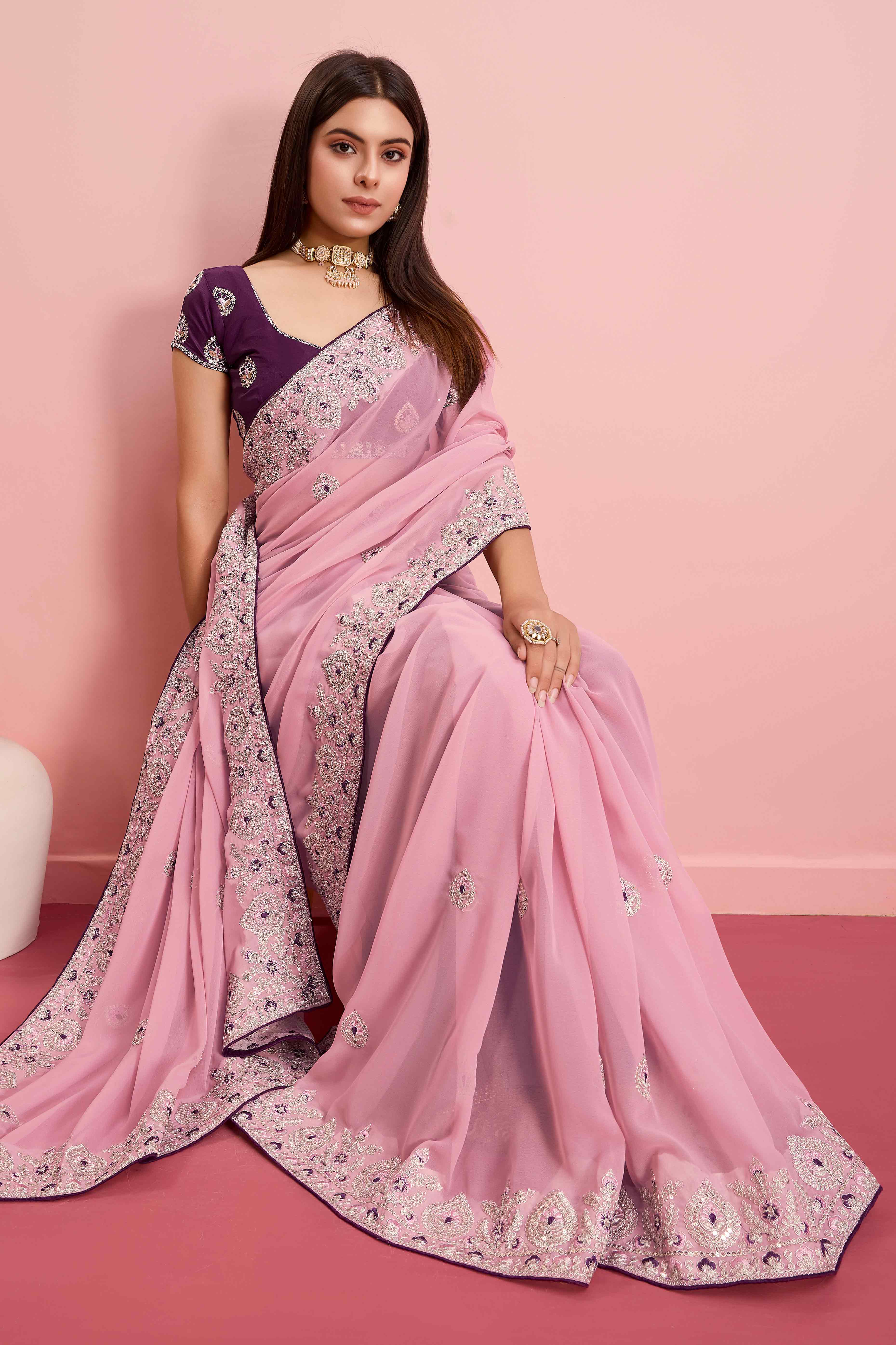 Pink Floral Sequins Embroidered Georgette Saree - Image 4