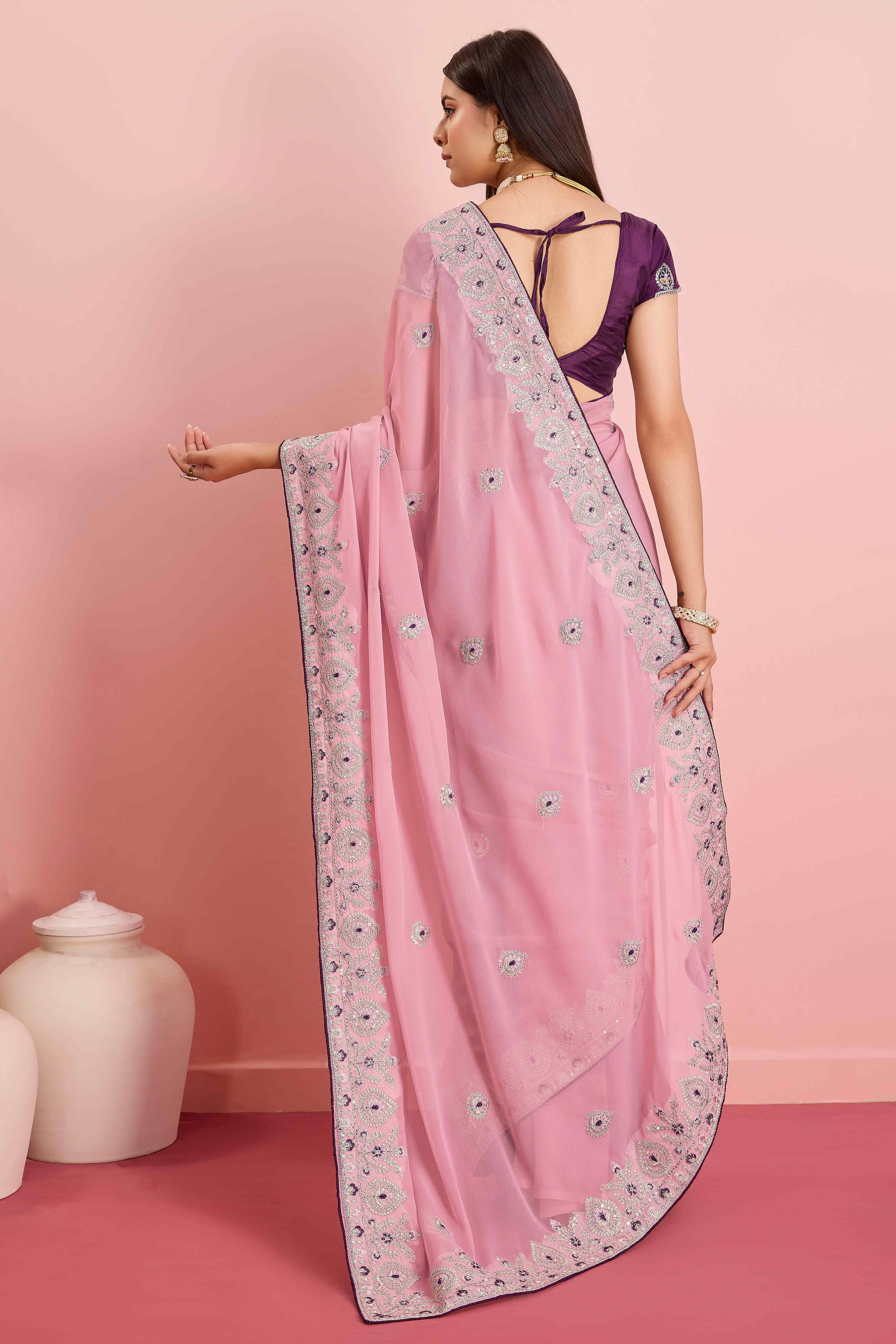 Pink Floral Sequins Embroidered Georgette Saree - Image 5