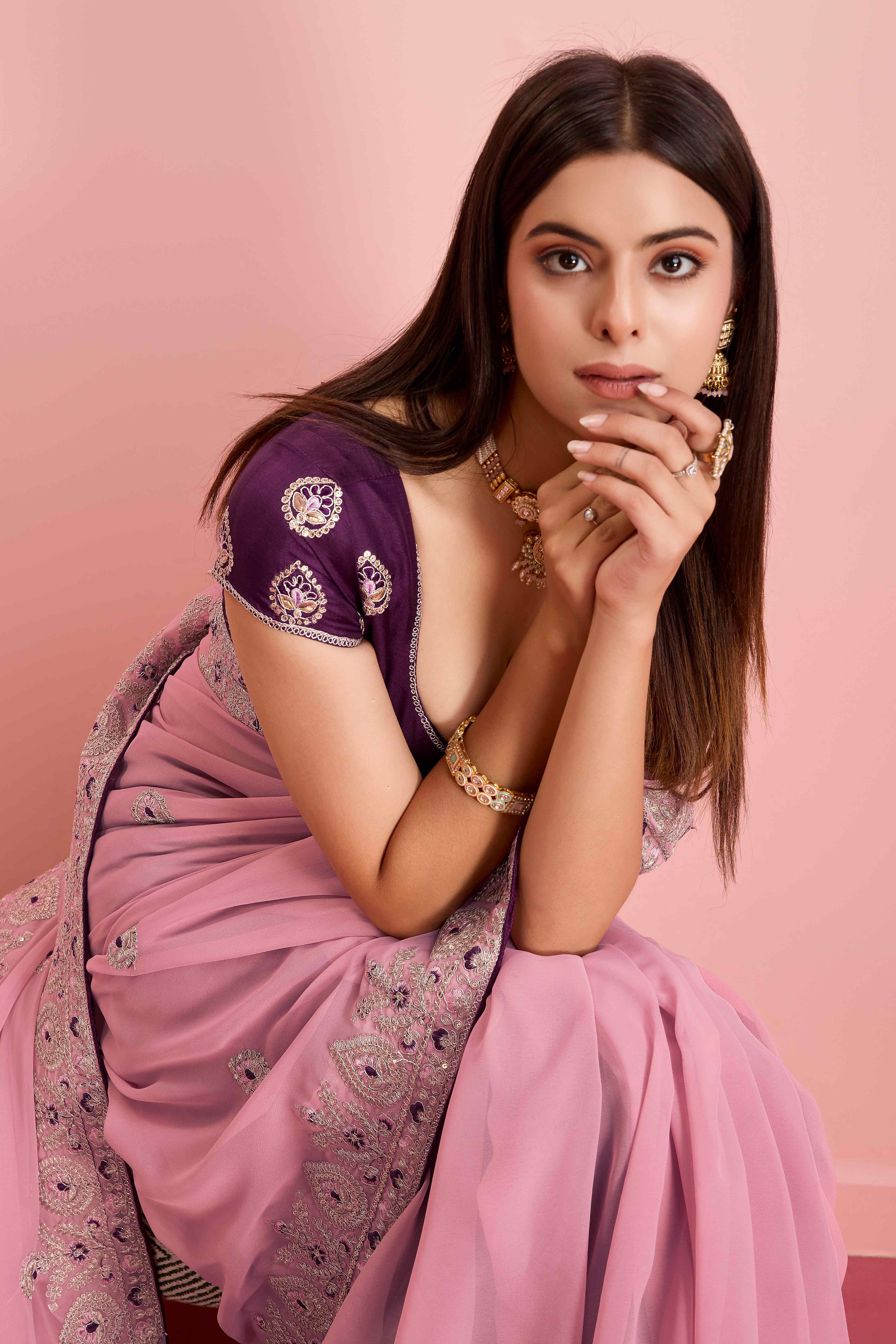 Pink Floral Sequins Embroidered Georgette Saree - Image 6