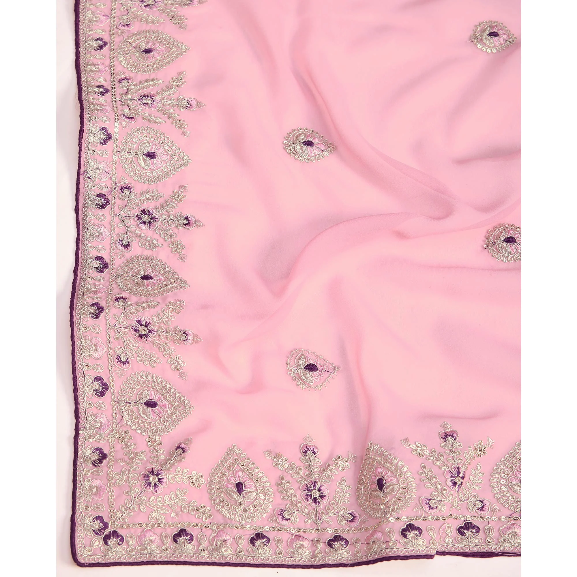 Pink Floral Sequins Embroidered Georgette Saree - Image 8