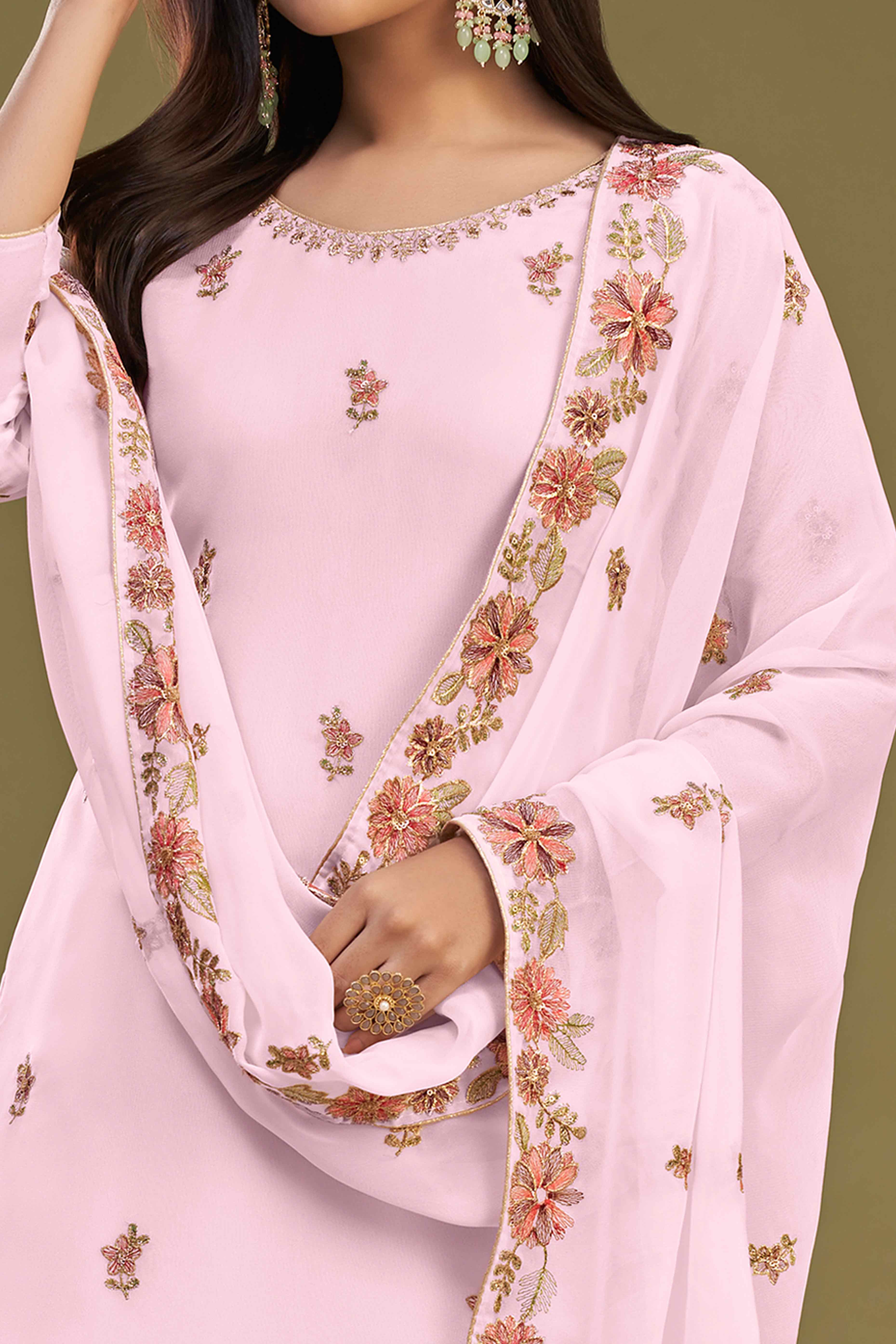Pink Floral Sequins Embroidered Georgette Semi Stitched Sharara Suit - Image 2