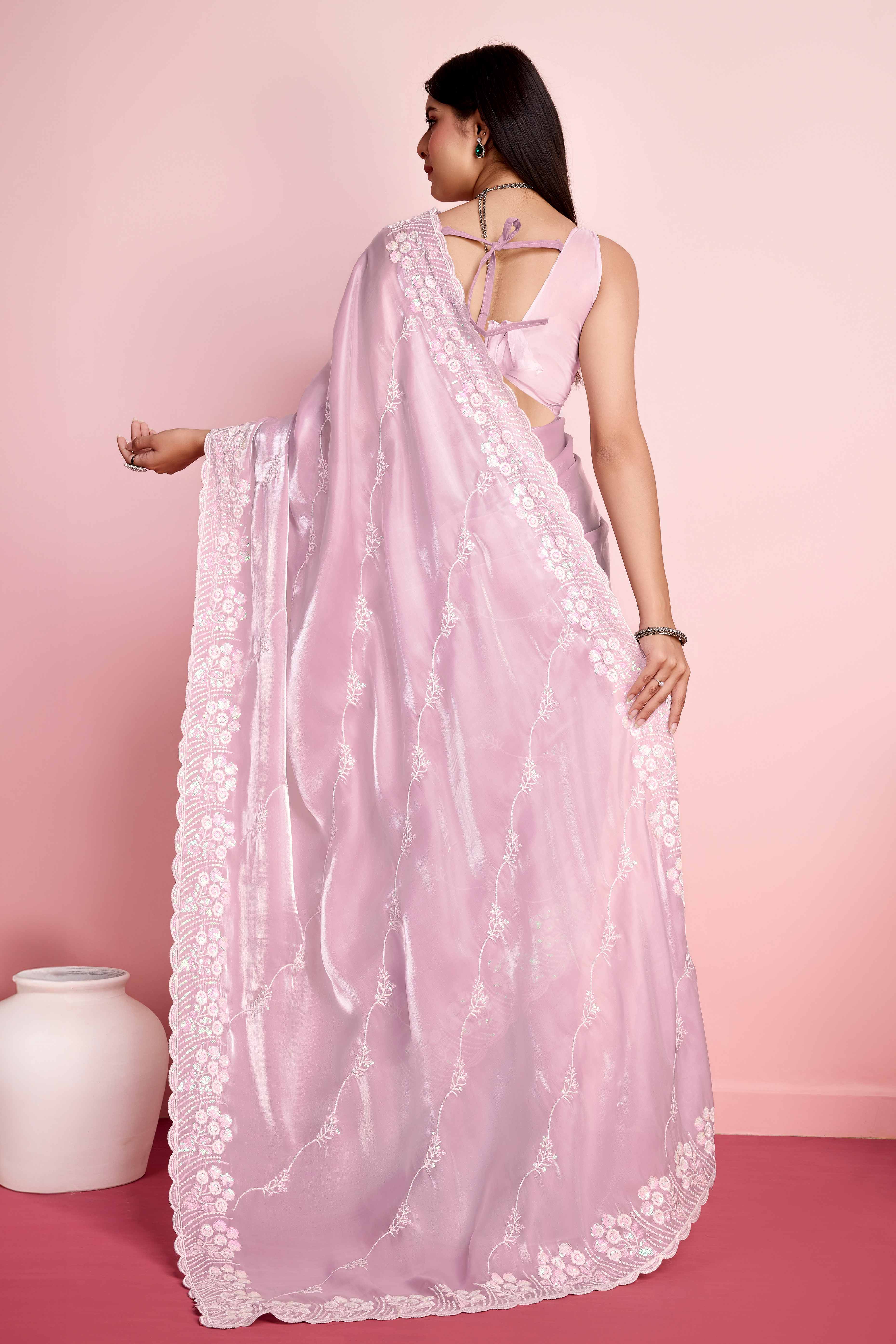 Pink Floral Sequins Embroidered Jimmy Choo Tissue Saree - Image 5