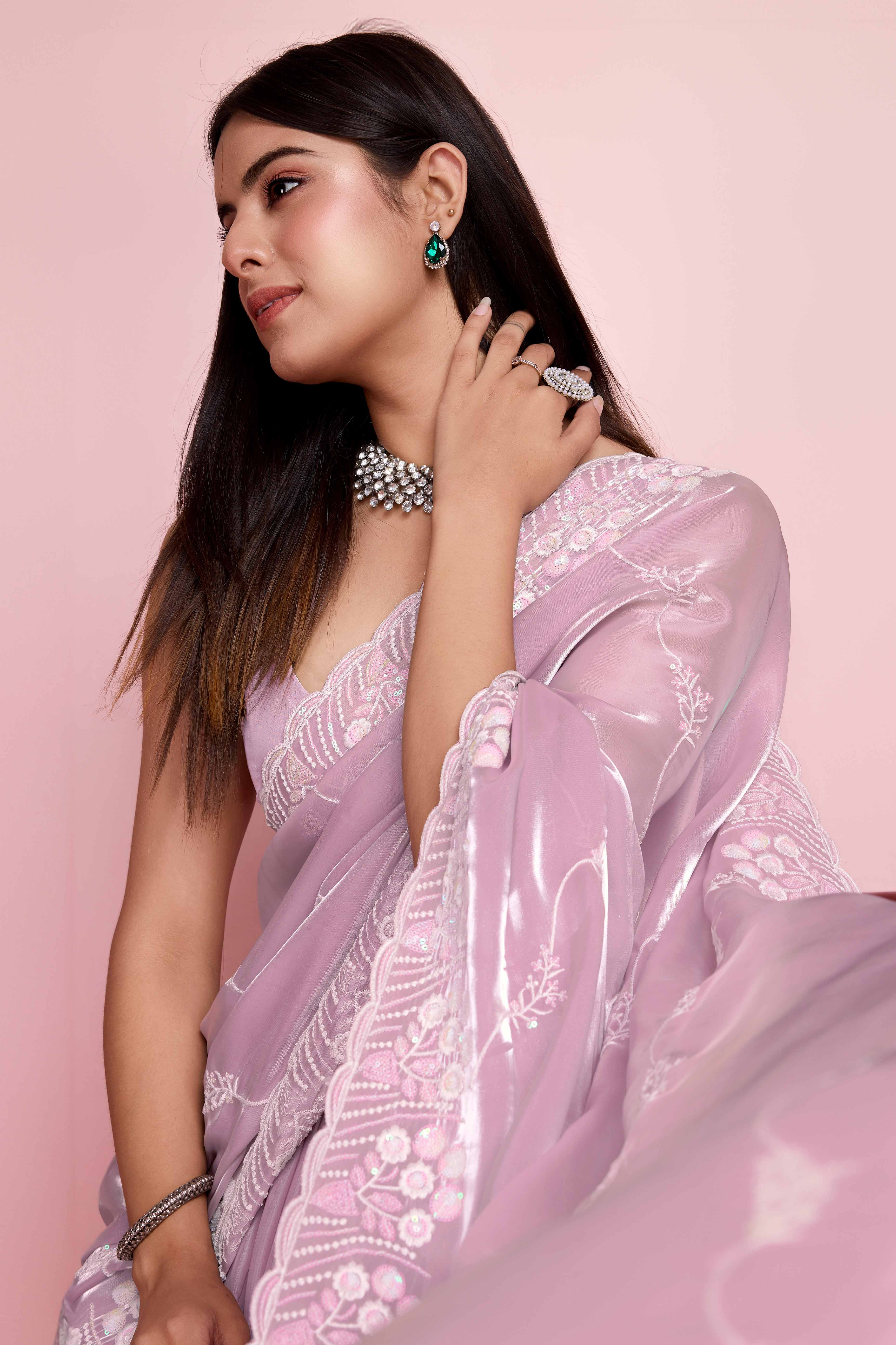Pink Floral Sequins Embroidered Jimmy Choo Tissue Saree - Image 6