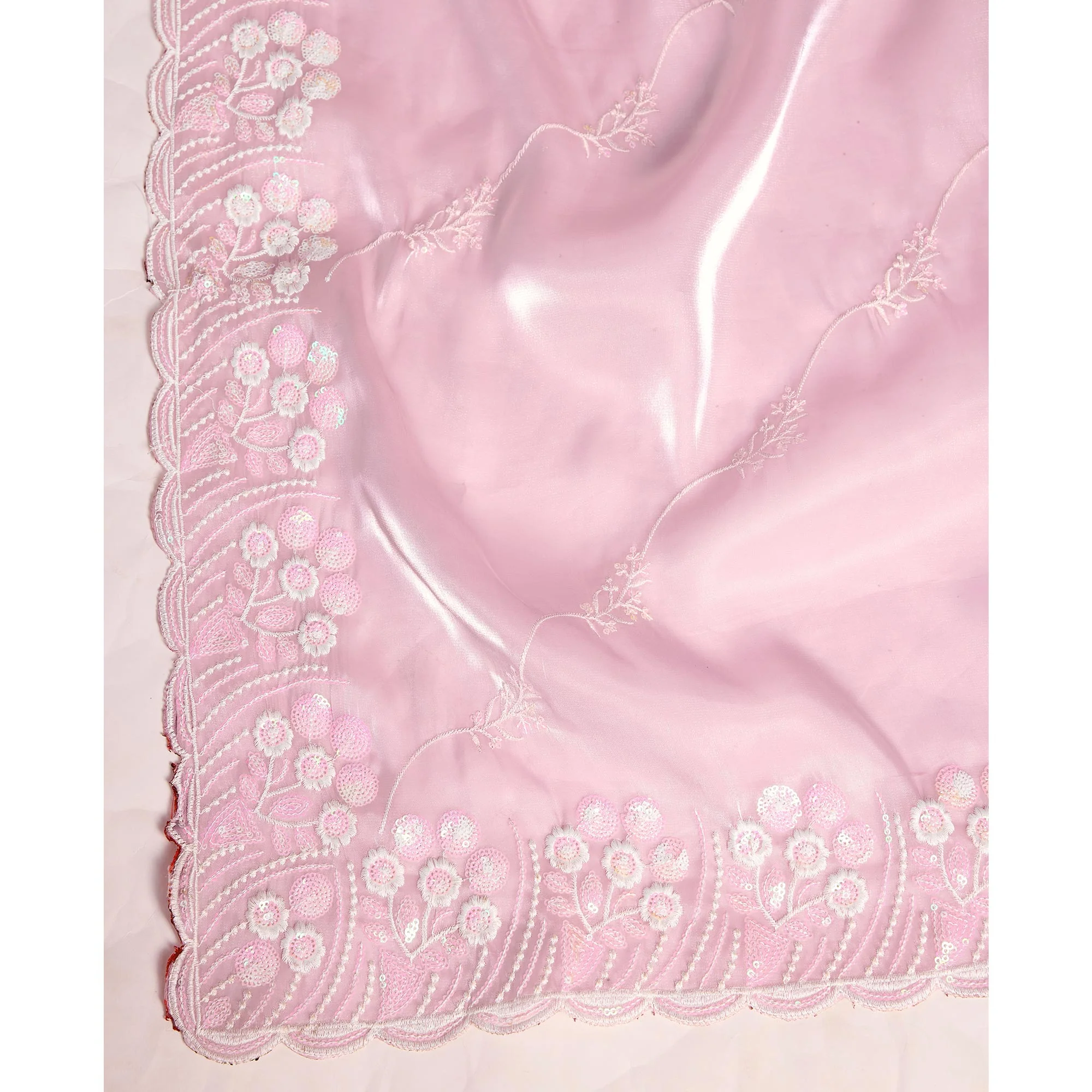 Pink Floral Sequins Embroidered Jimmy Choo Tissue Saree - Image 8