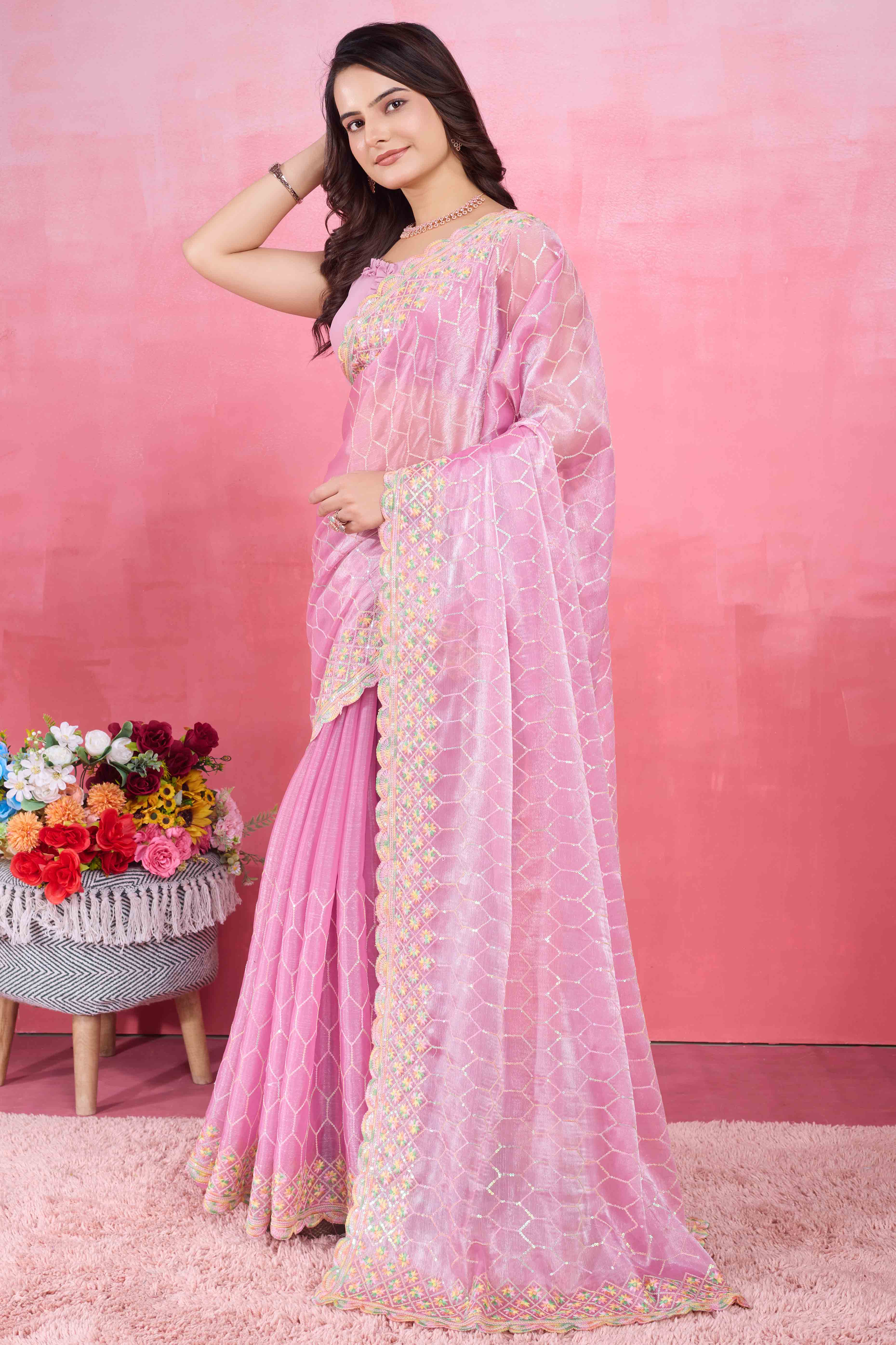 Pink Floral Sequins Embroidered Mulberry Silk Saree - Image 3