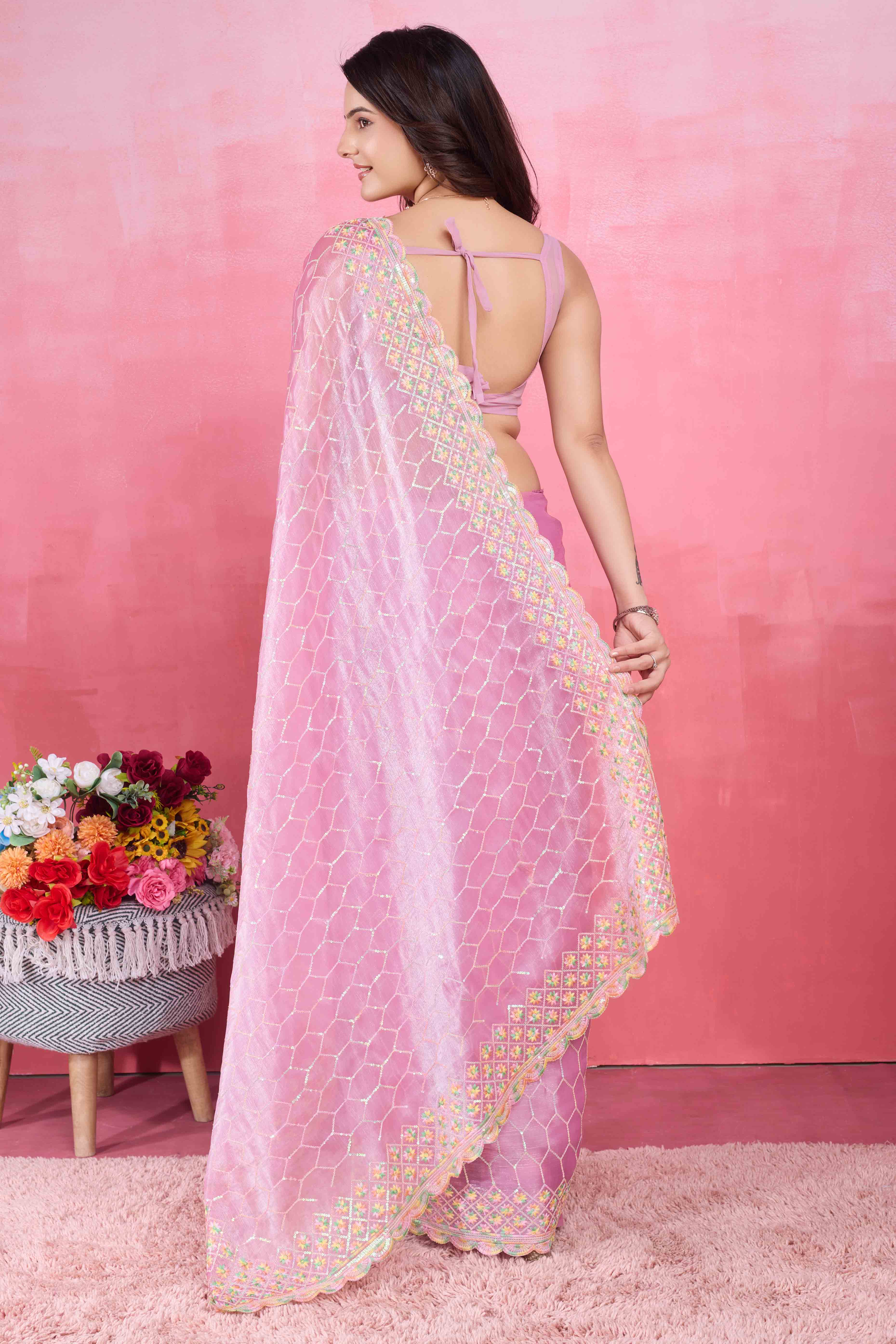 Pink Floral Sequins Embroidered Mulberry Silk Saree - Image 5