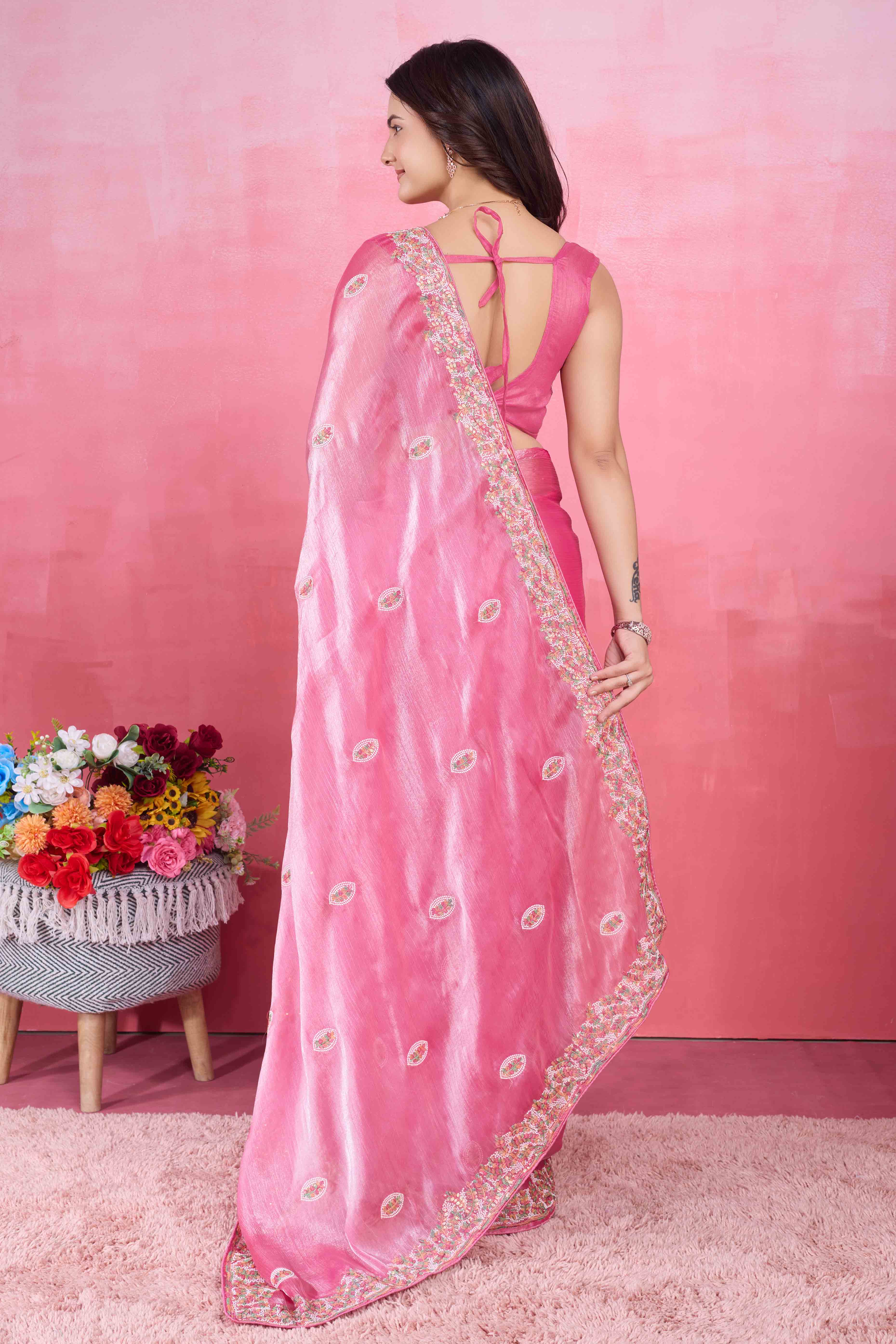 Pink Floral Sequins Embroidered Mulberry Silk Saree - Image 3