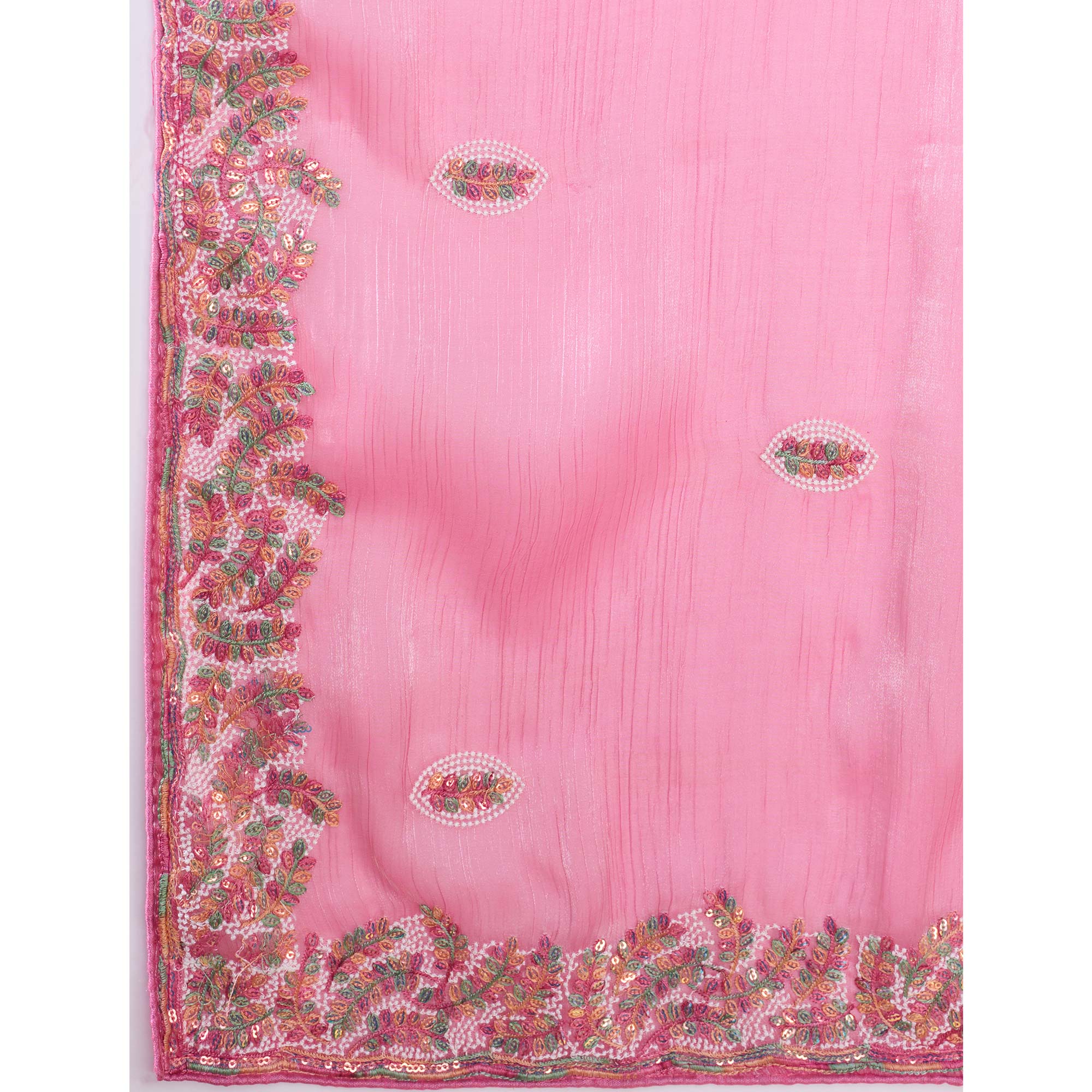 Pink Floral Sequins Embroidered Mulberry Silk Saree - Image 8