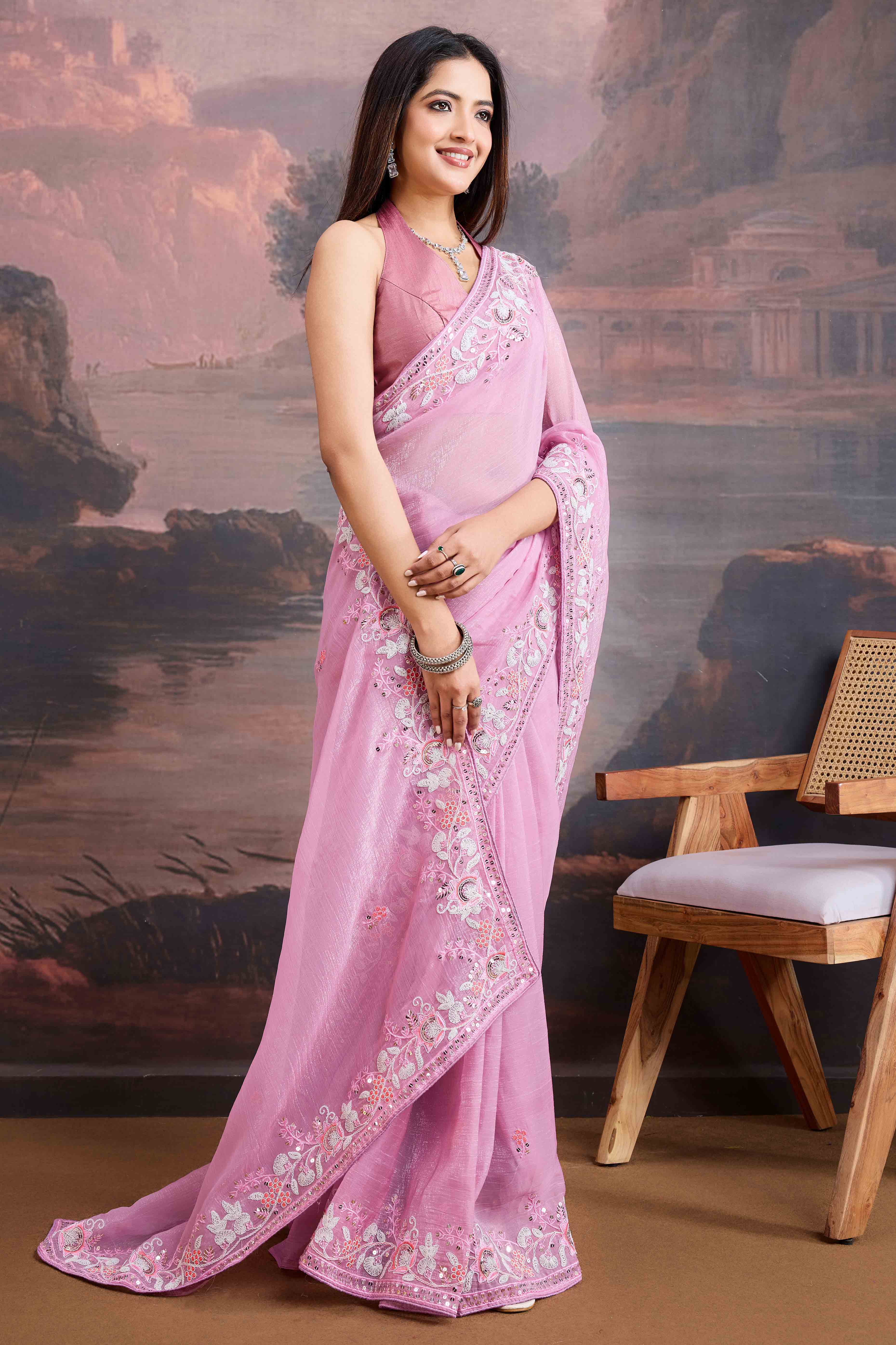 Pink Floral Sequins Embroidered Organza Saree - Image 3