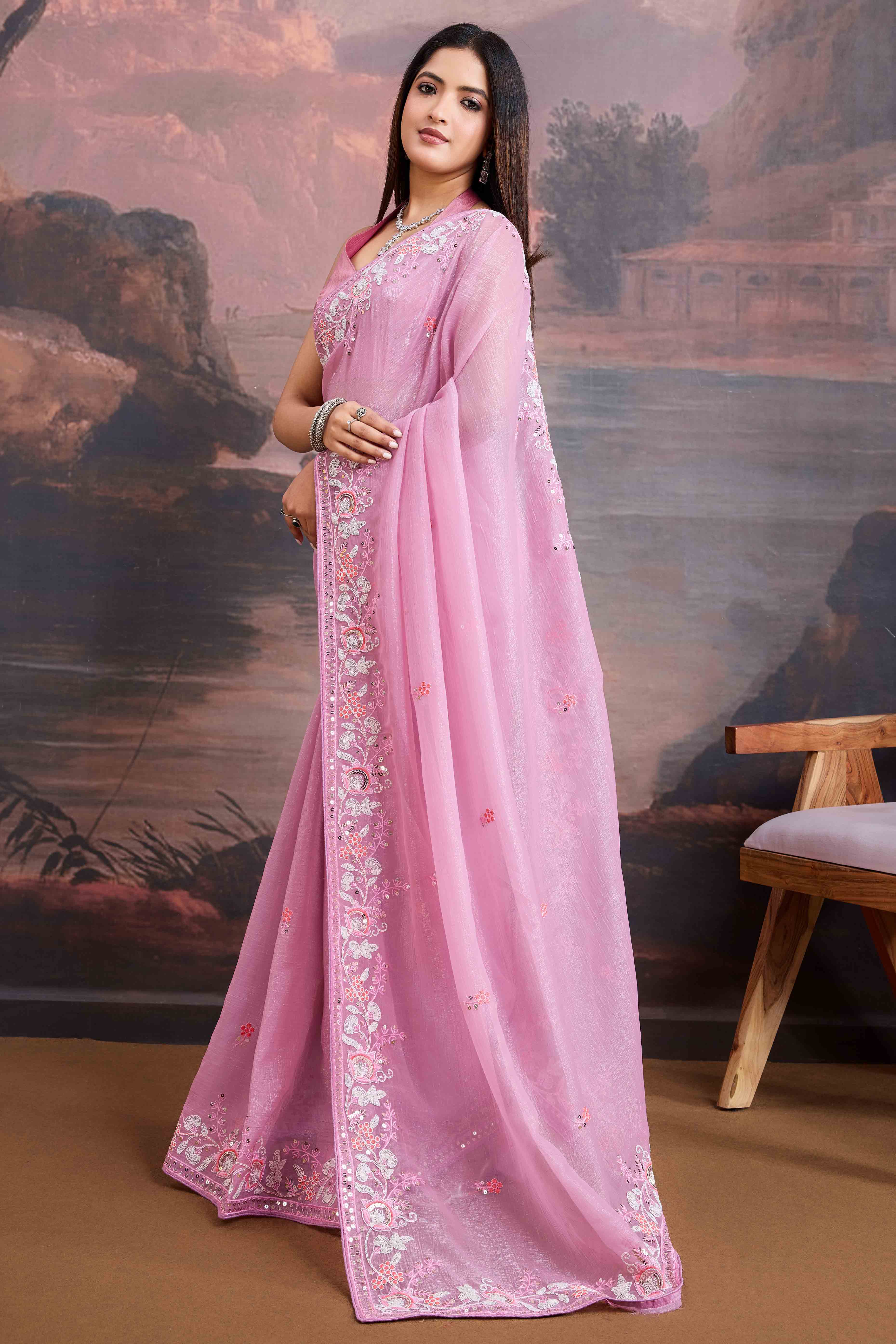 Pink Floral Sequins Embroidered Organza Saree - Image 4
