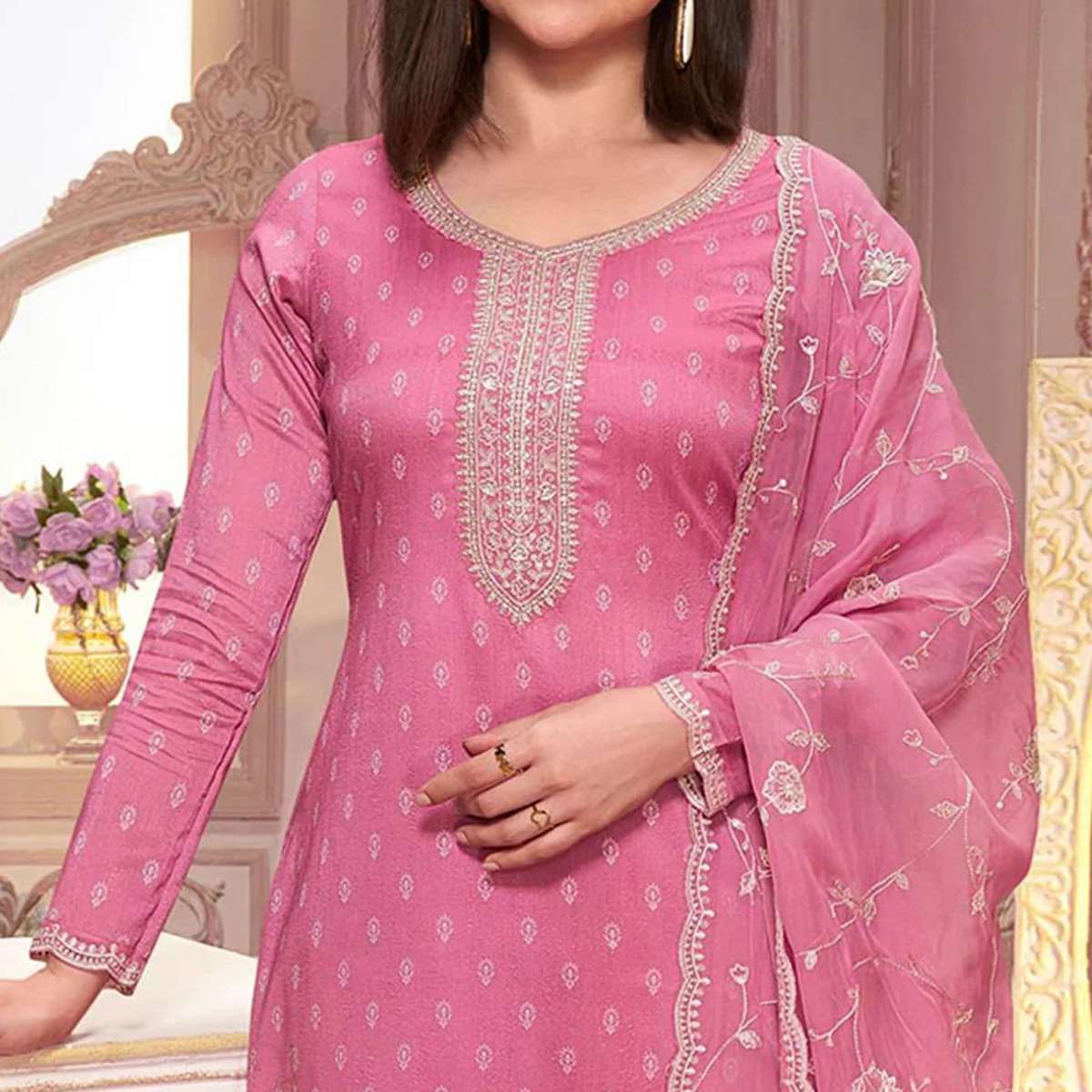Pink Floral Sequins Embroidered Silk Georgette Semi Stitched Salwar Suit - Image 2