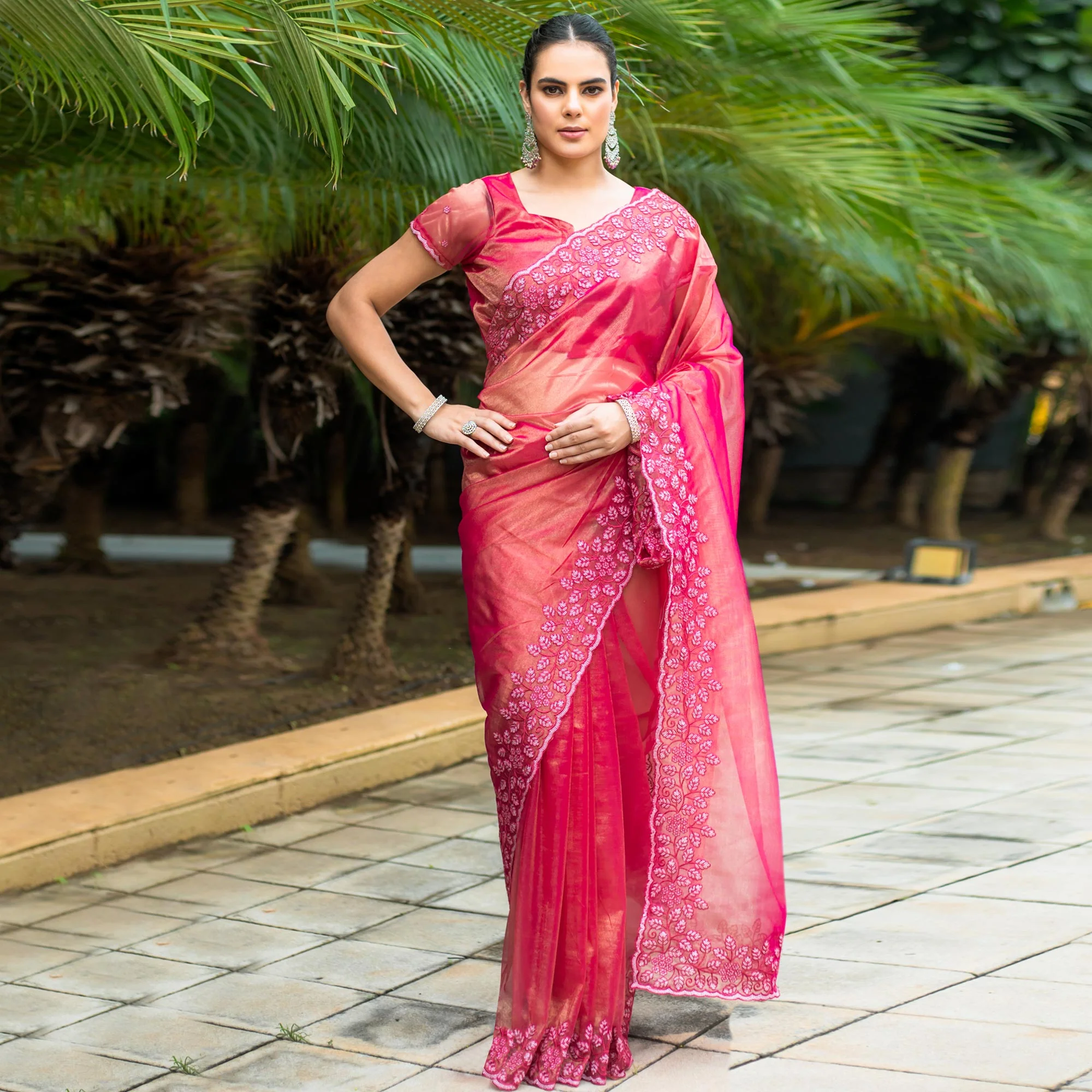 Pink Floral Sequins Embroidered Twill Net Saree - Image 6