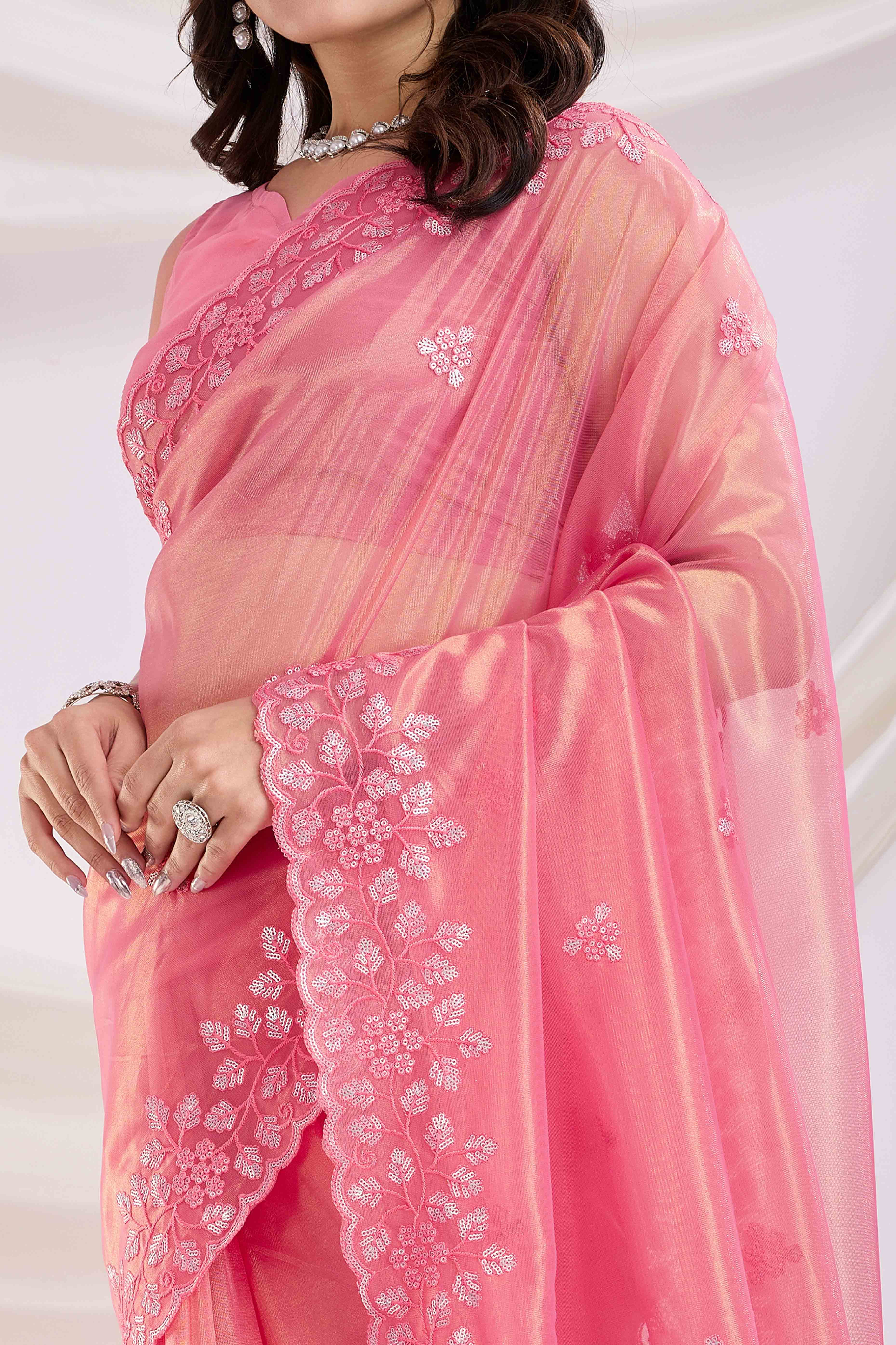 Pink Floral Sequins Embroidered Twill Net Saree - Image 2