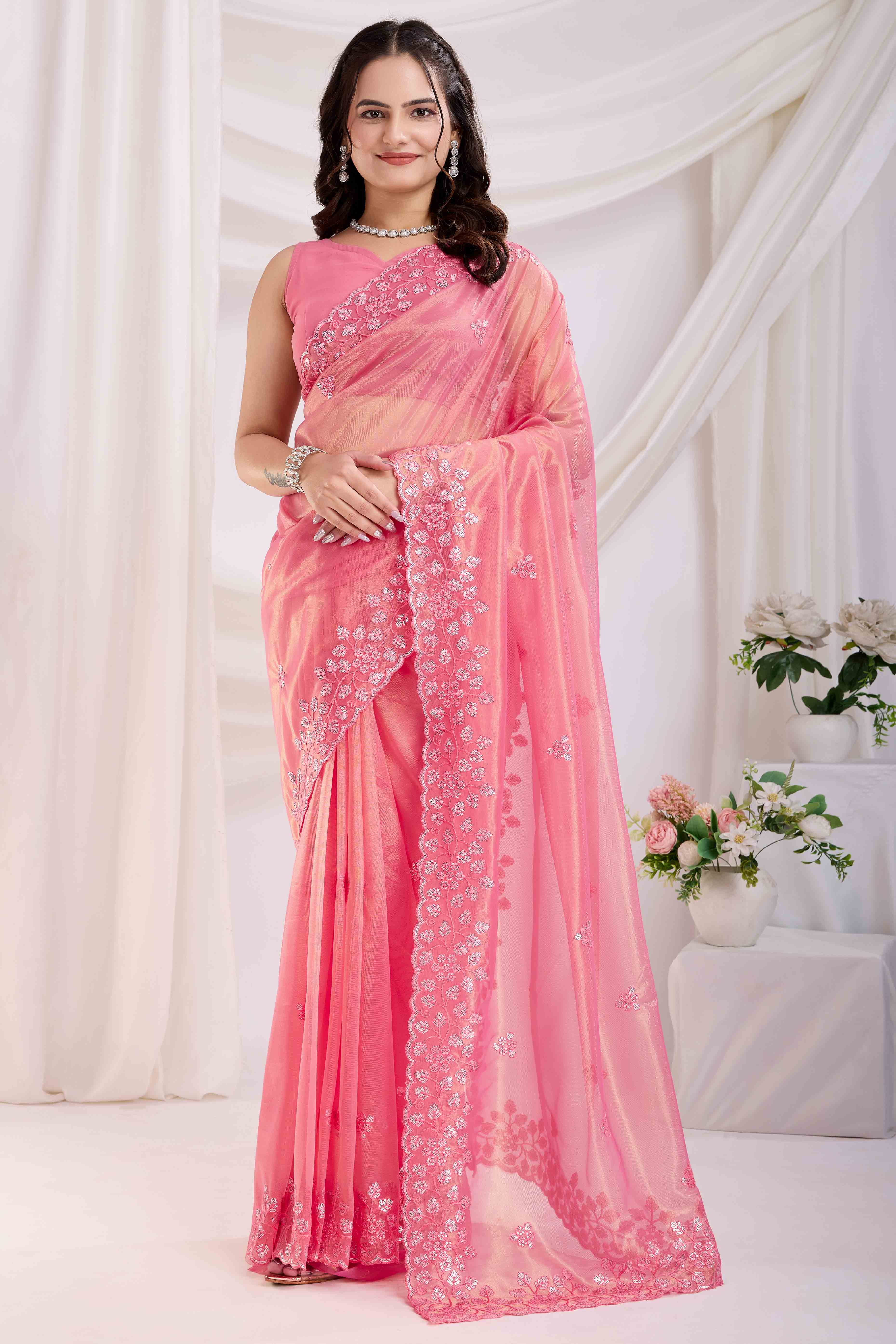 Pink Floral Sequins Embroidered Twill Net Saree - Image 3