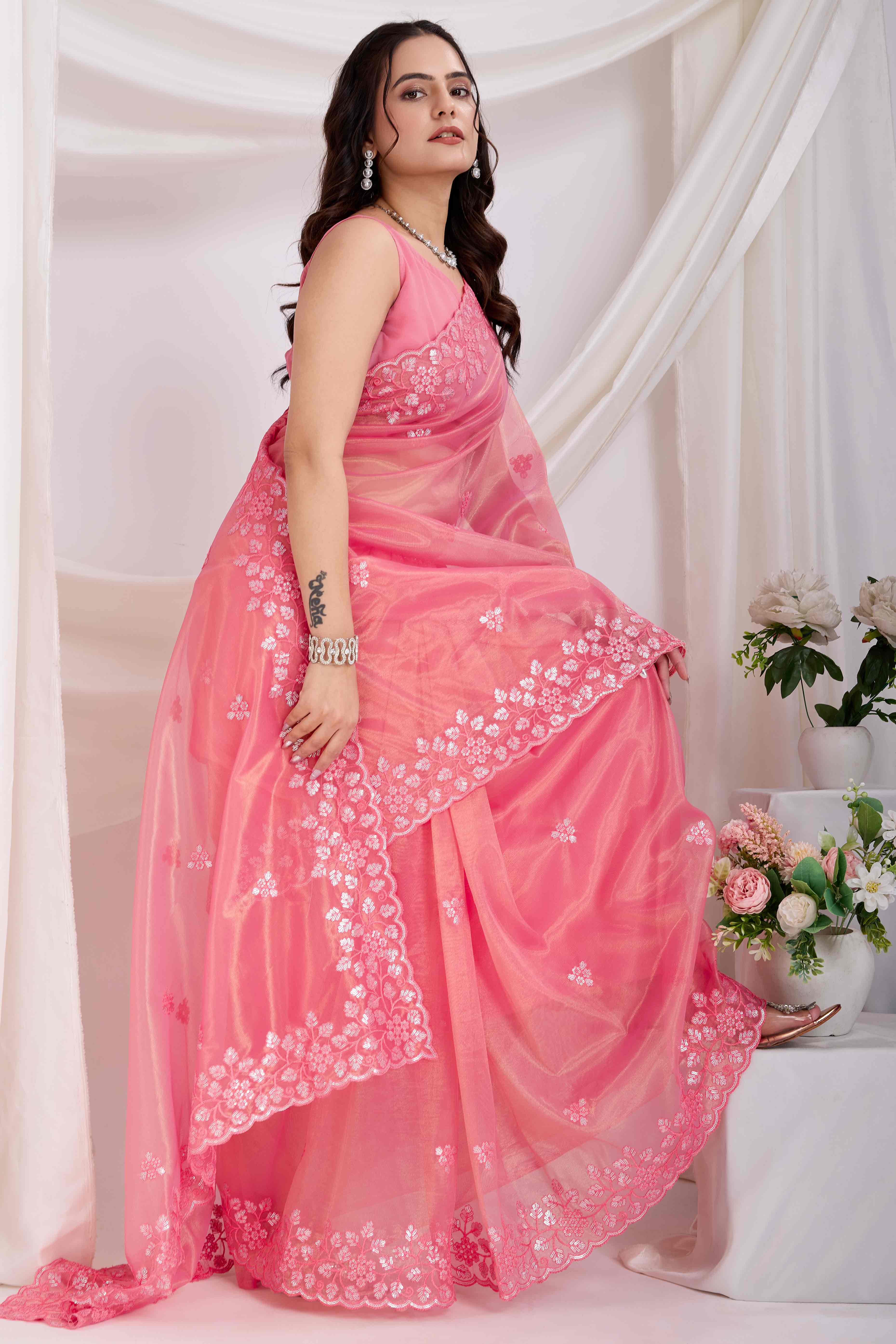 Pink Floral Sequins Embroidered Twill Net Saree - Image 4