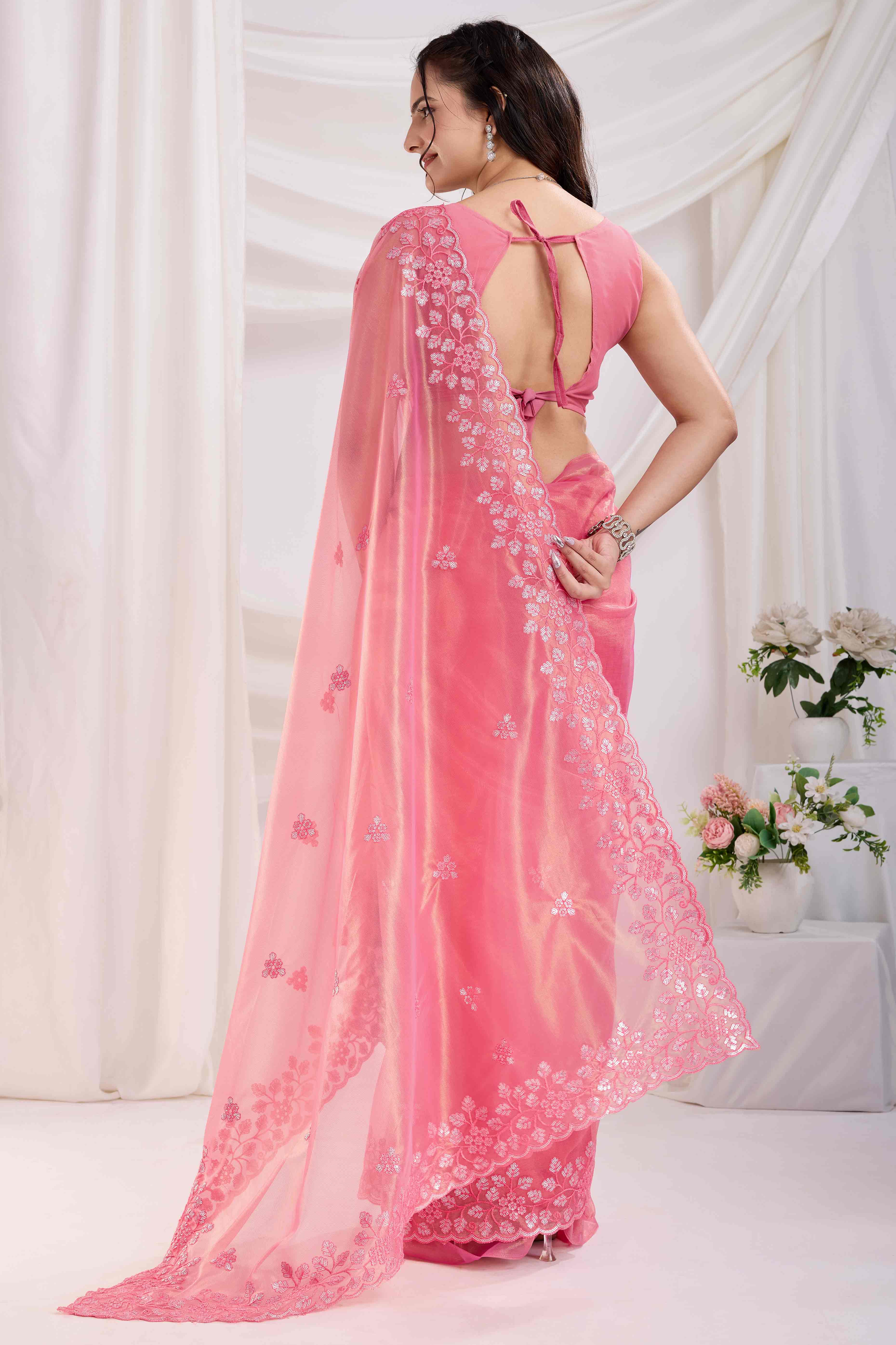 Pink Floral Sequins Embroidered Twill Net Saree - Image 5