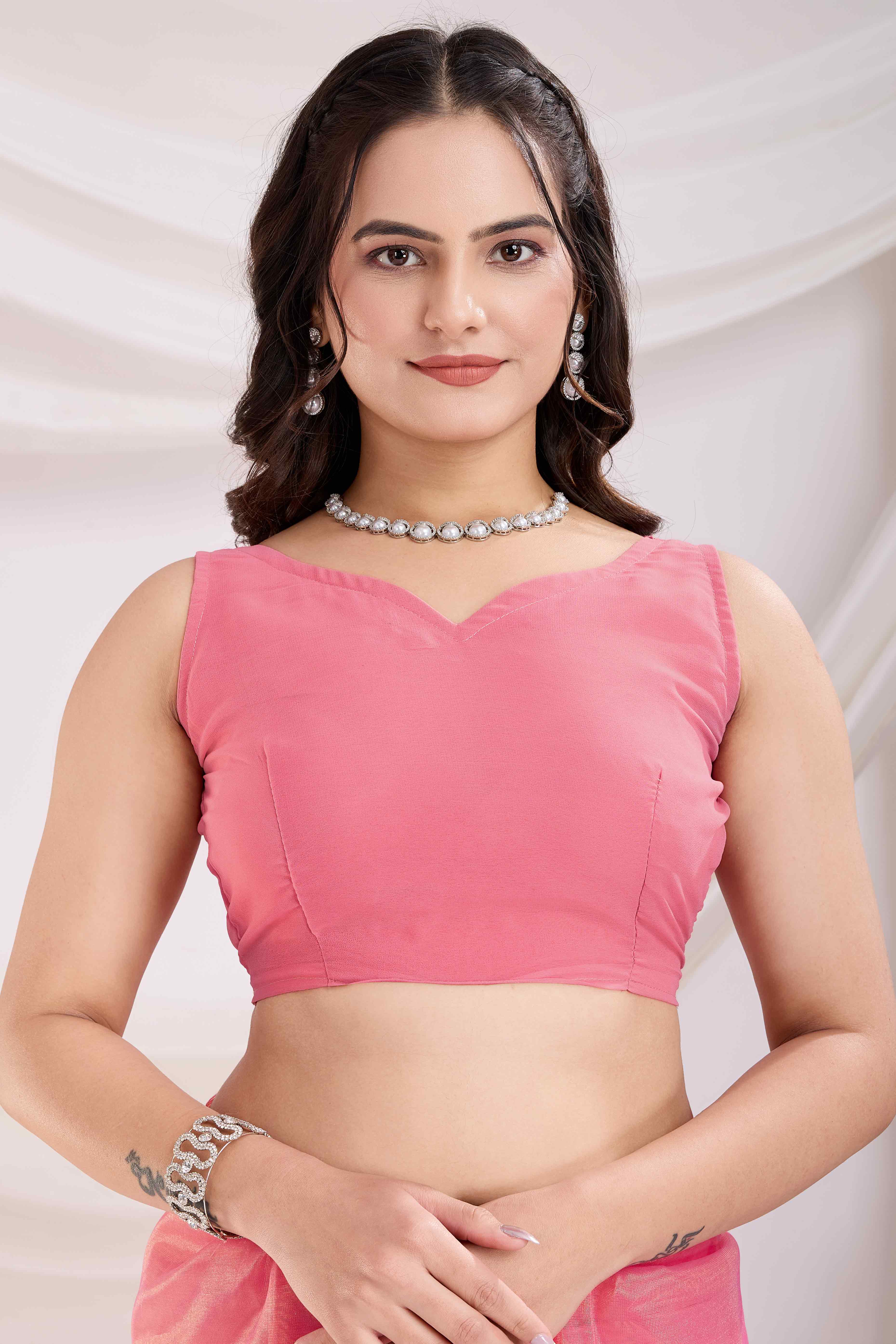 Pink Floral Sequins Embroidered Twill Net Saree - Image 7
