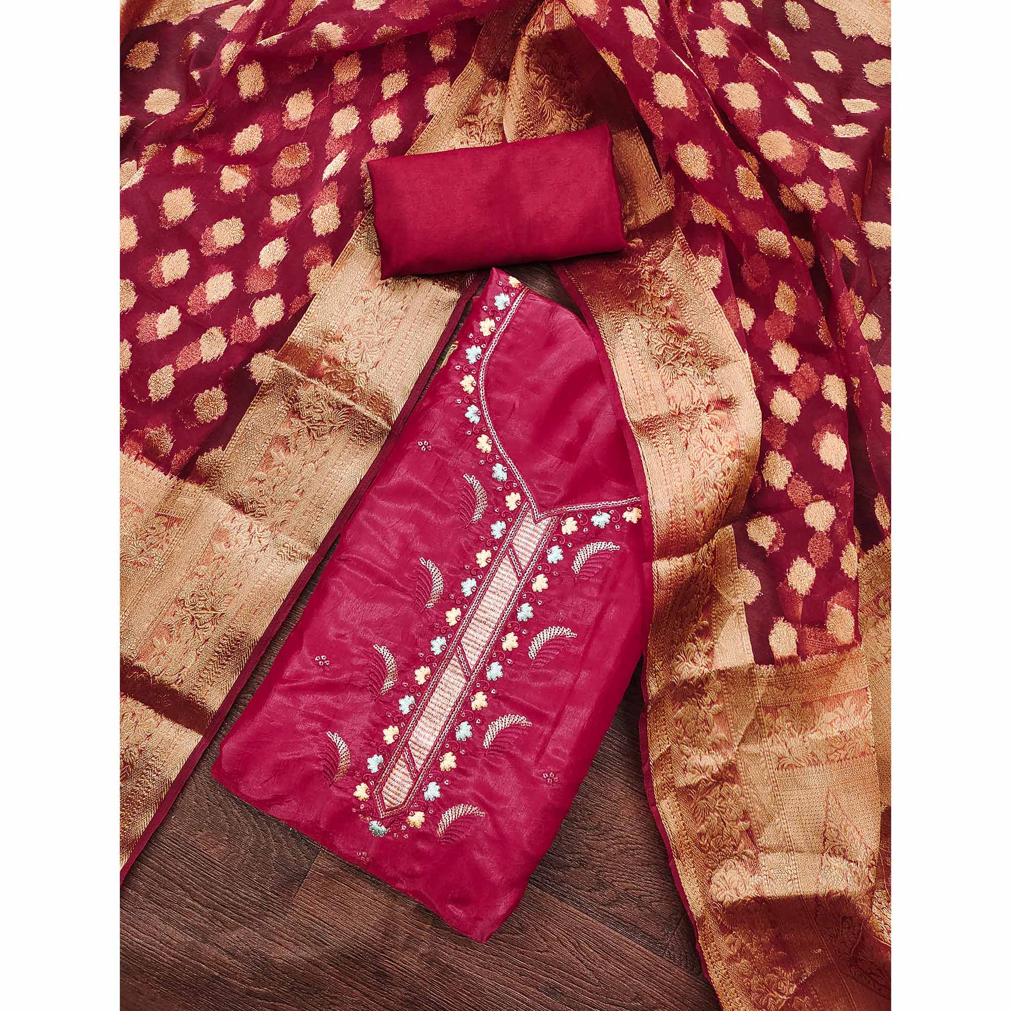 Pink Floral Sequins Embroidered Viscose Dress Material - Image 3