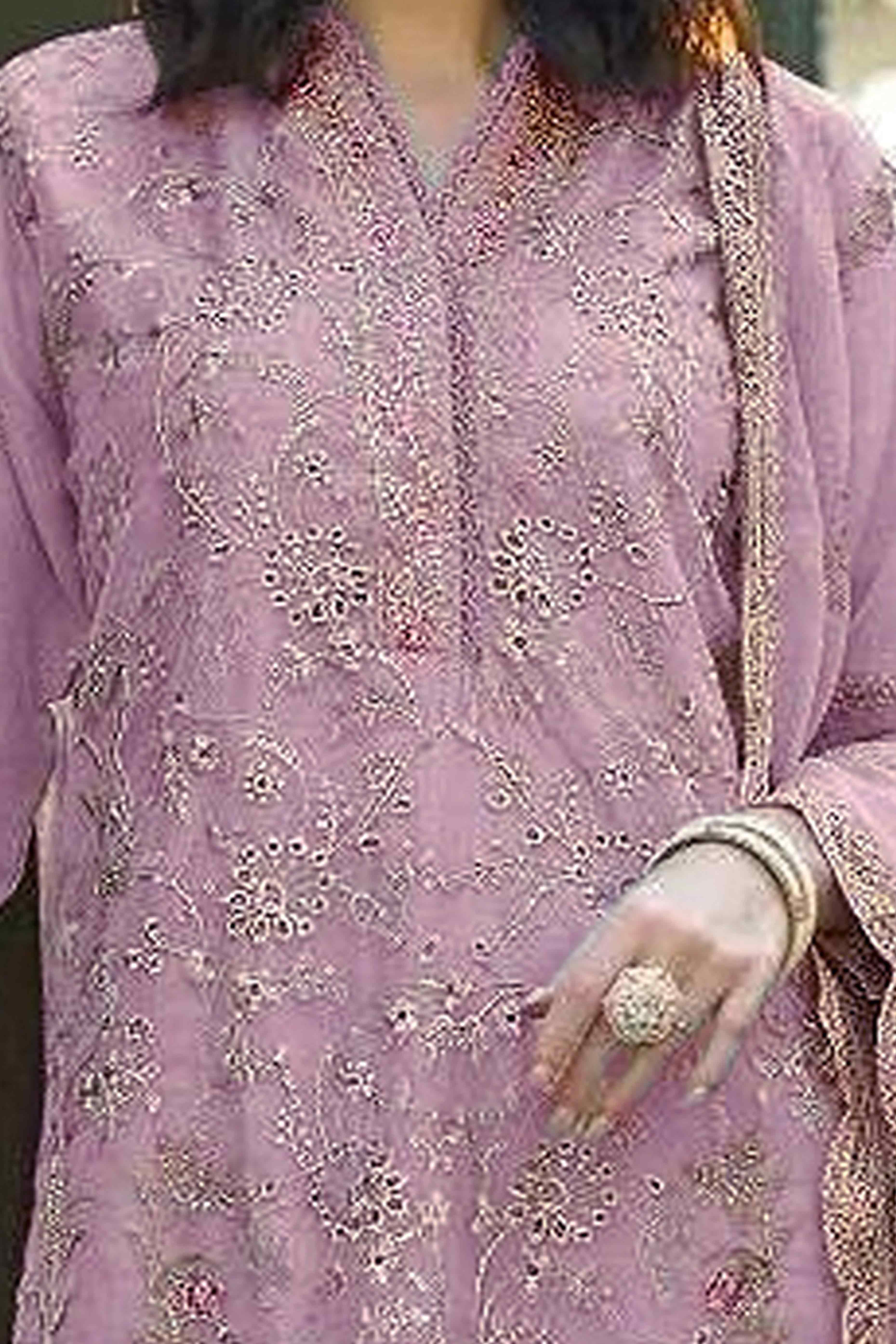 Pink Floral Sequins Embroidery Organza Semi Stitched Pakistani Suit - Image 2
