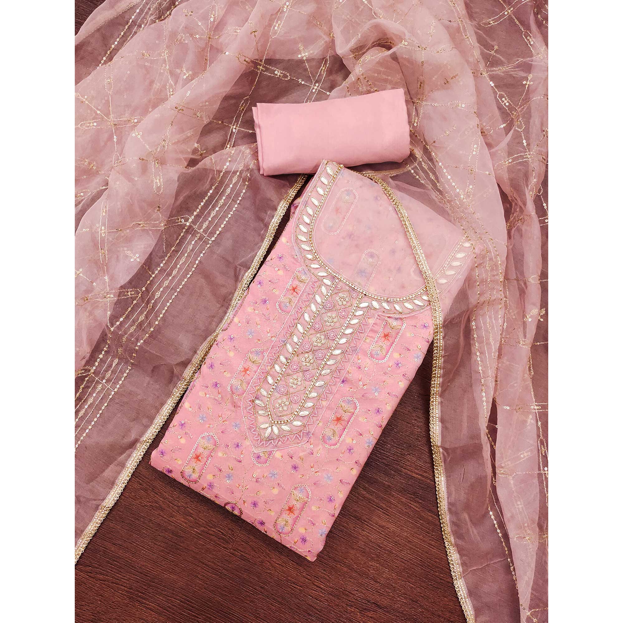 Pink Floral Sequins Embroidery With Handwork Viscose Dress Material - Image 3